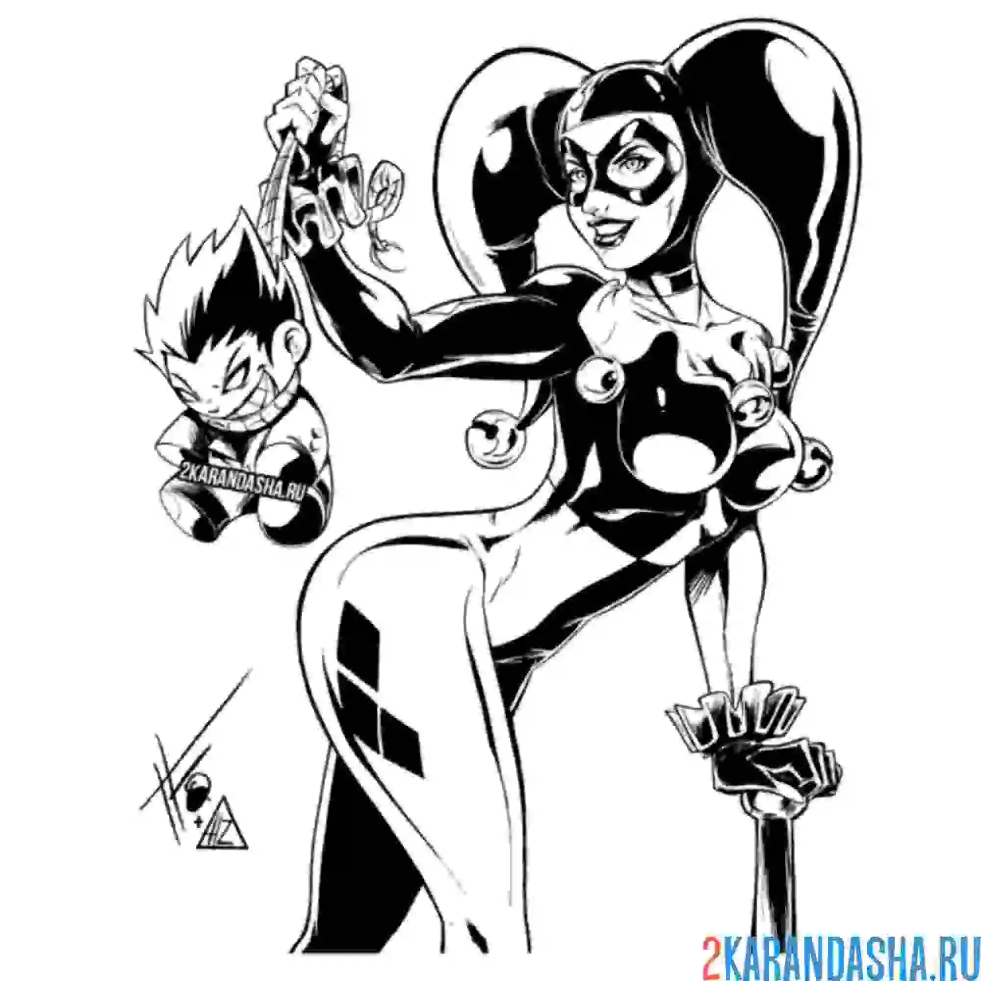 Раскраска харли квинн держит джокера