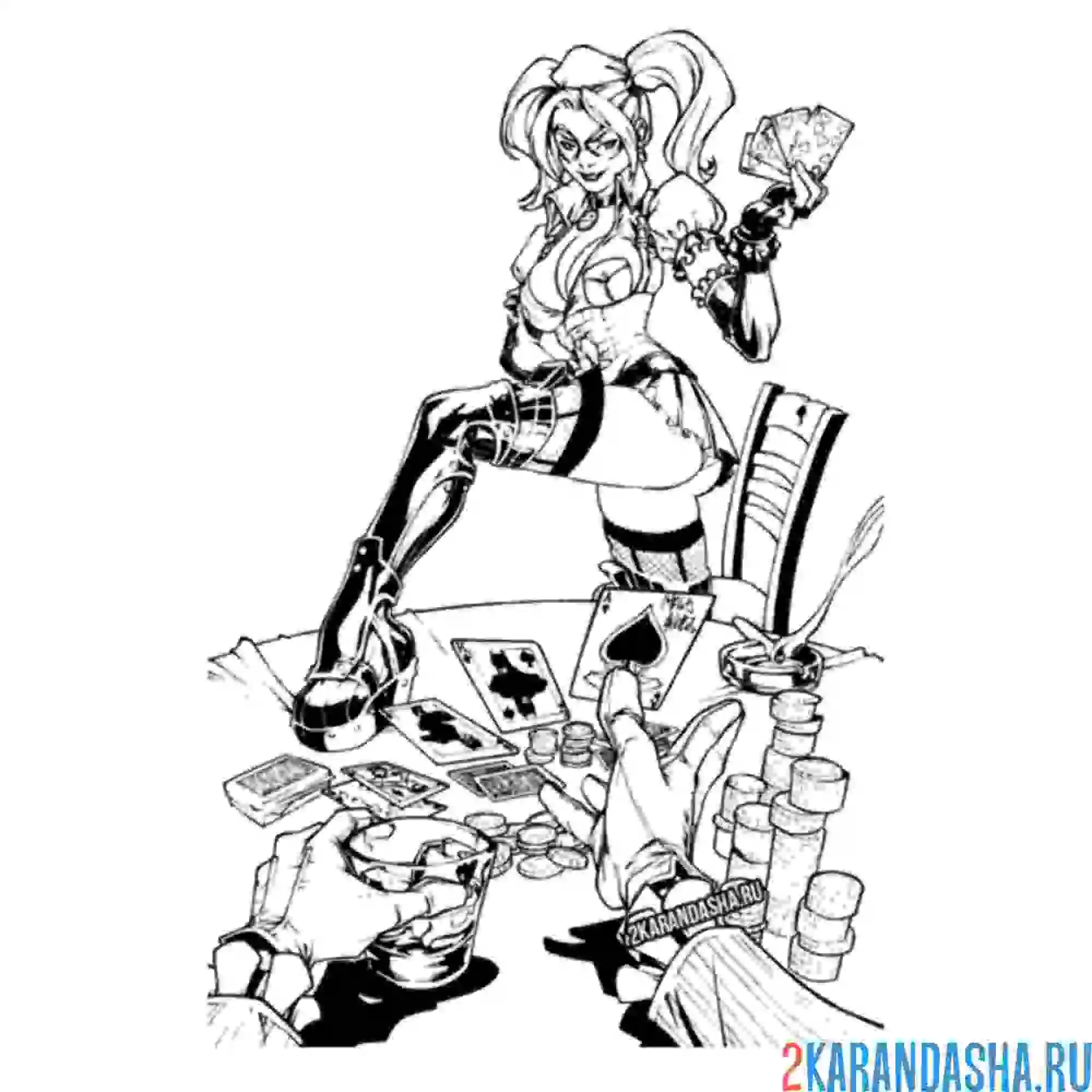 Раскраска харли квинн играет в карты