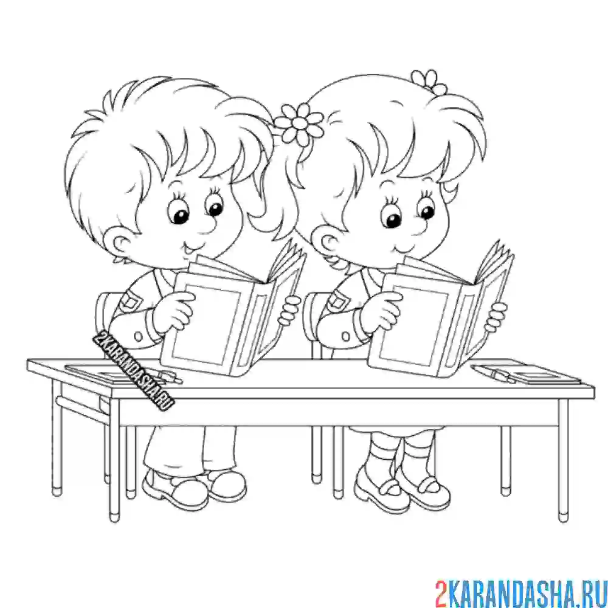 Раскраска дети в школе за партой 1 сентября