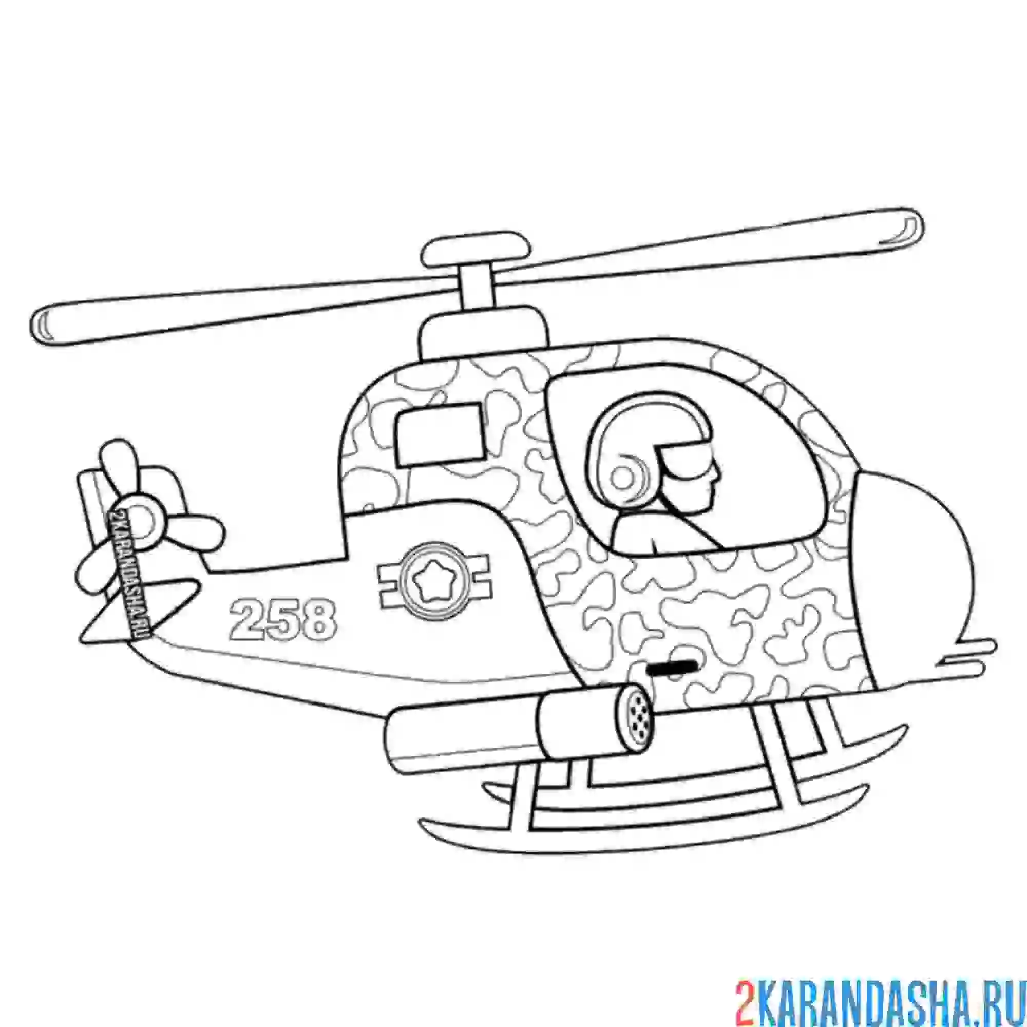 Раскраска военный вертолет с пилотом