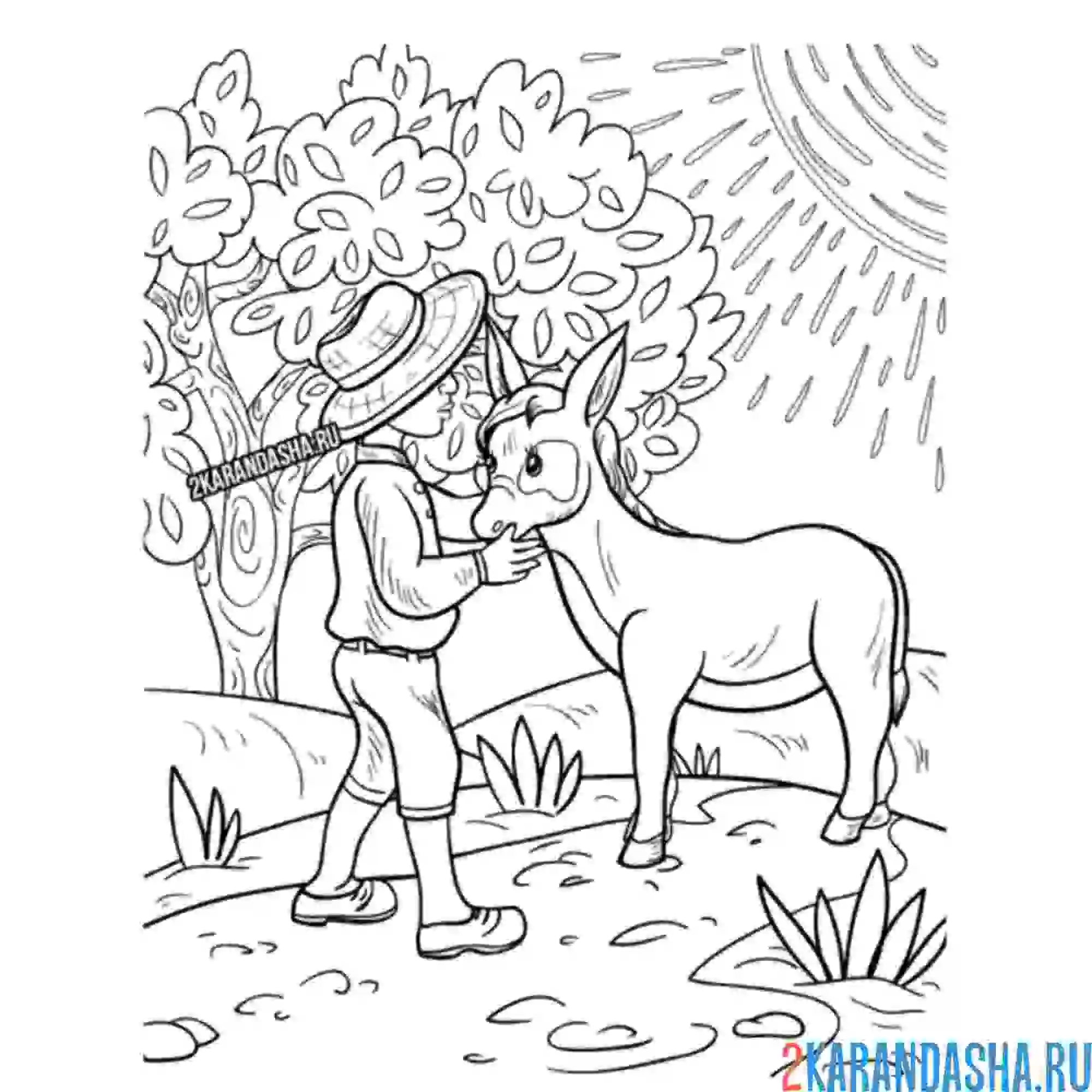Раскраска садовник и осел в лесу