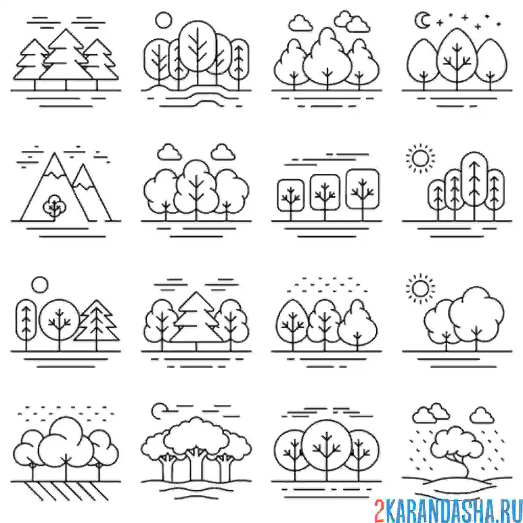 Раскраска много деревьев на листе