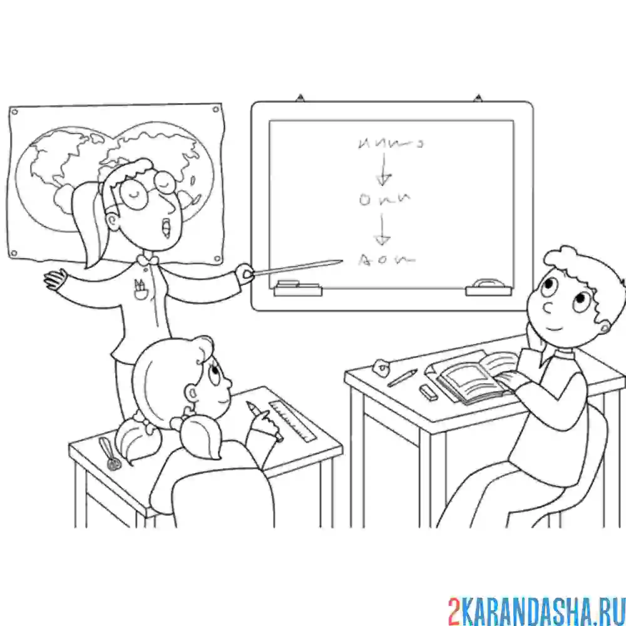 Раскраска ученики слушают учителя