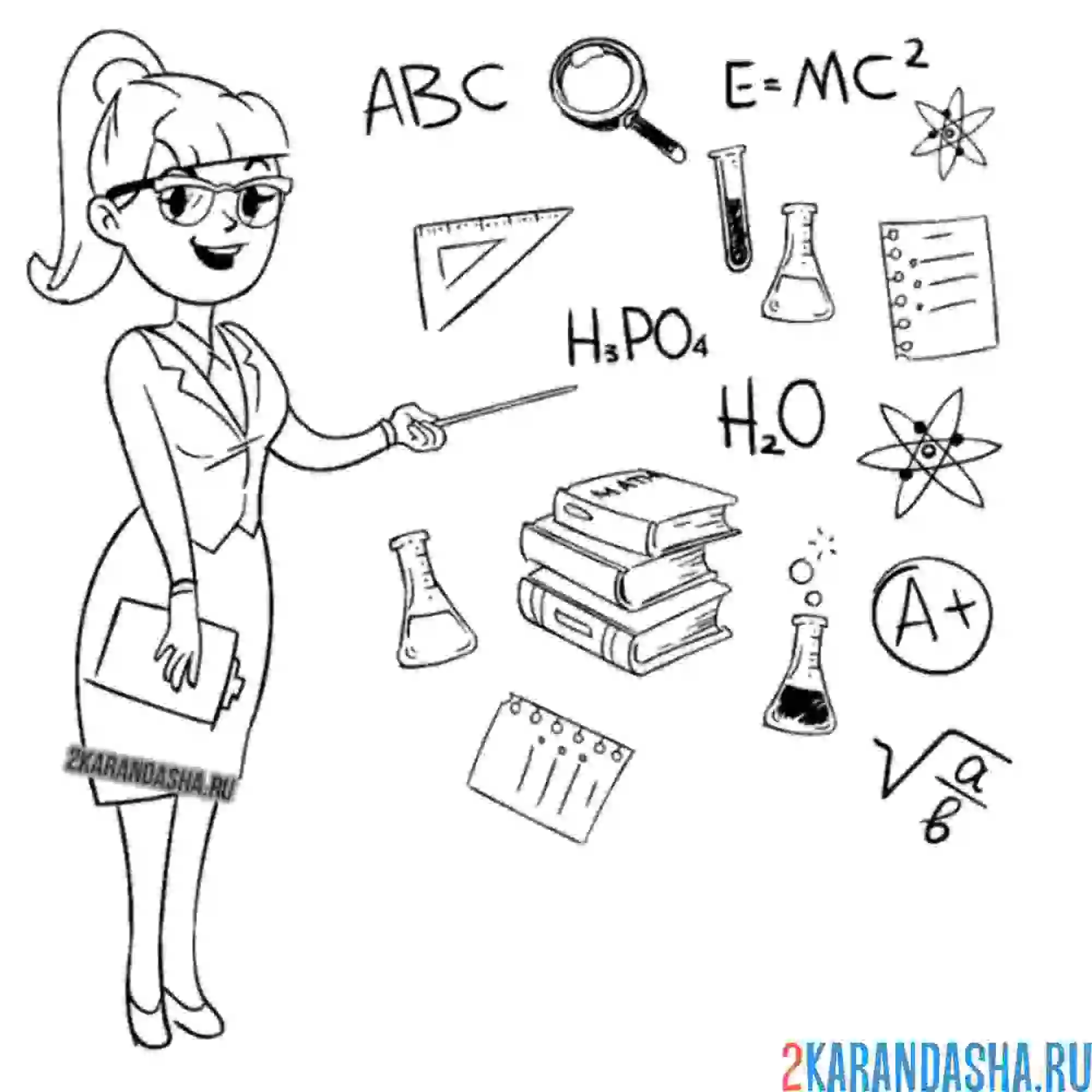 Раскраска учительница показывает на доску