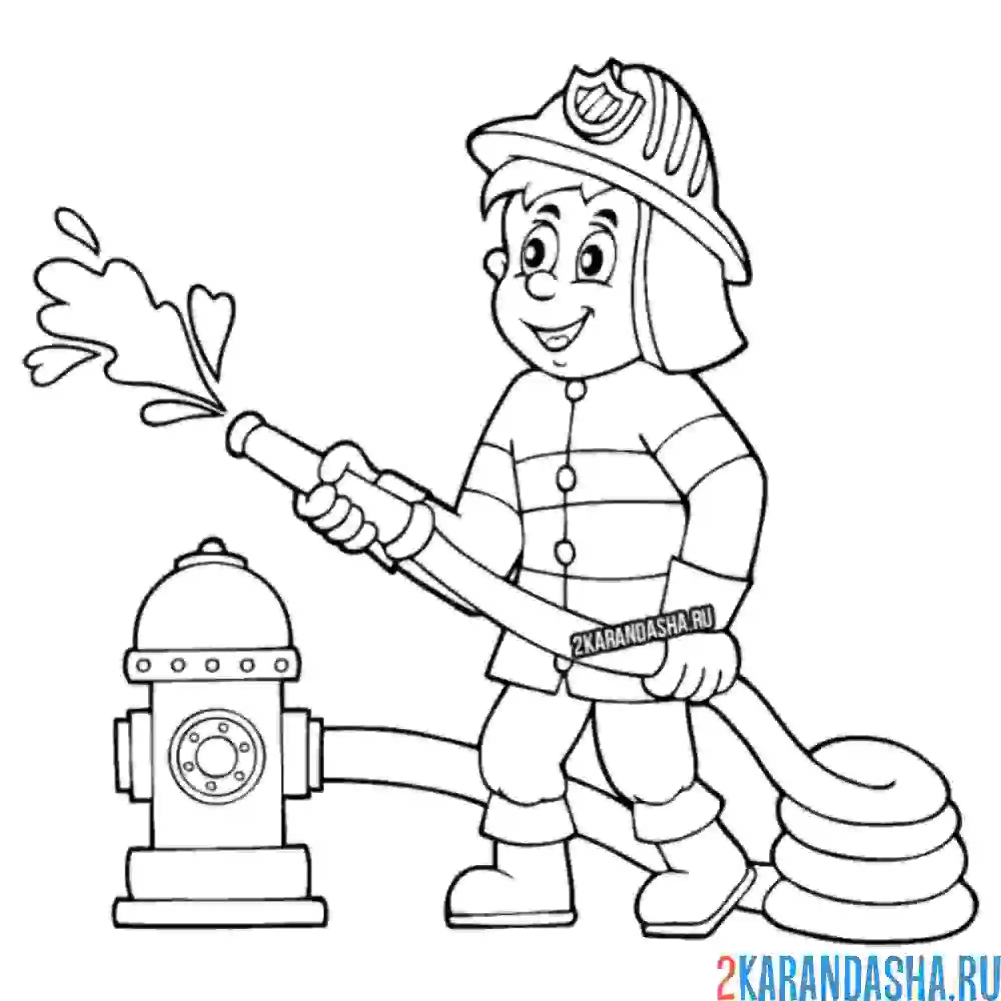 Раскраска пожарный у крана