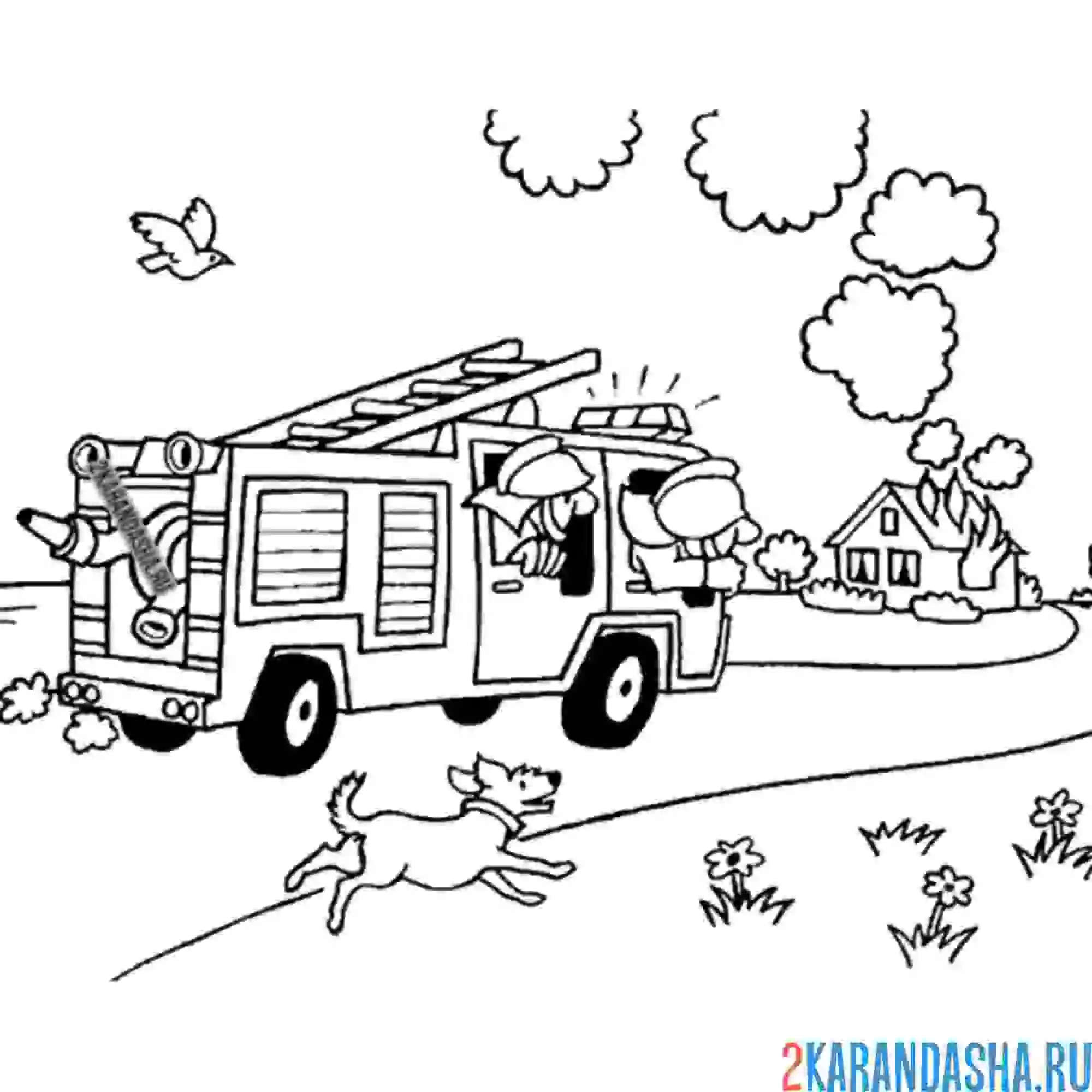 Раскраска пожарные в пожарной машине