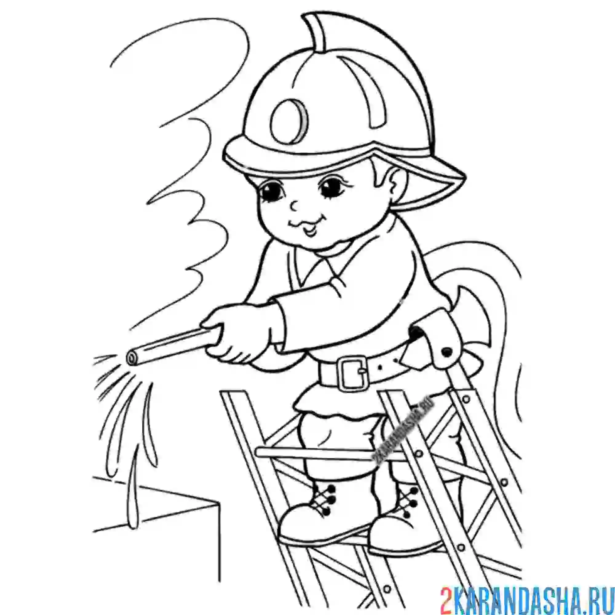 Раскраска пожарный тушит огонь