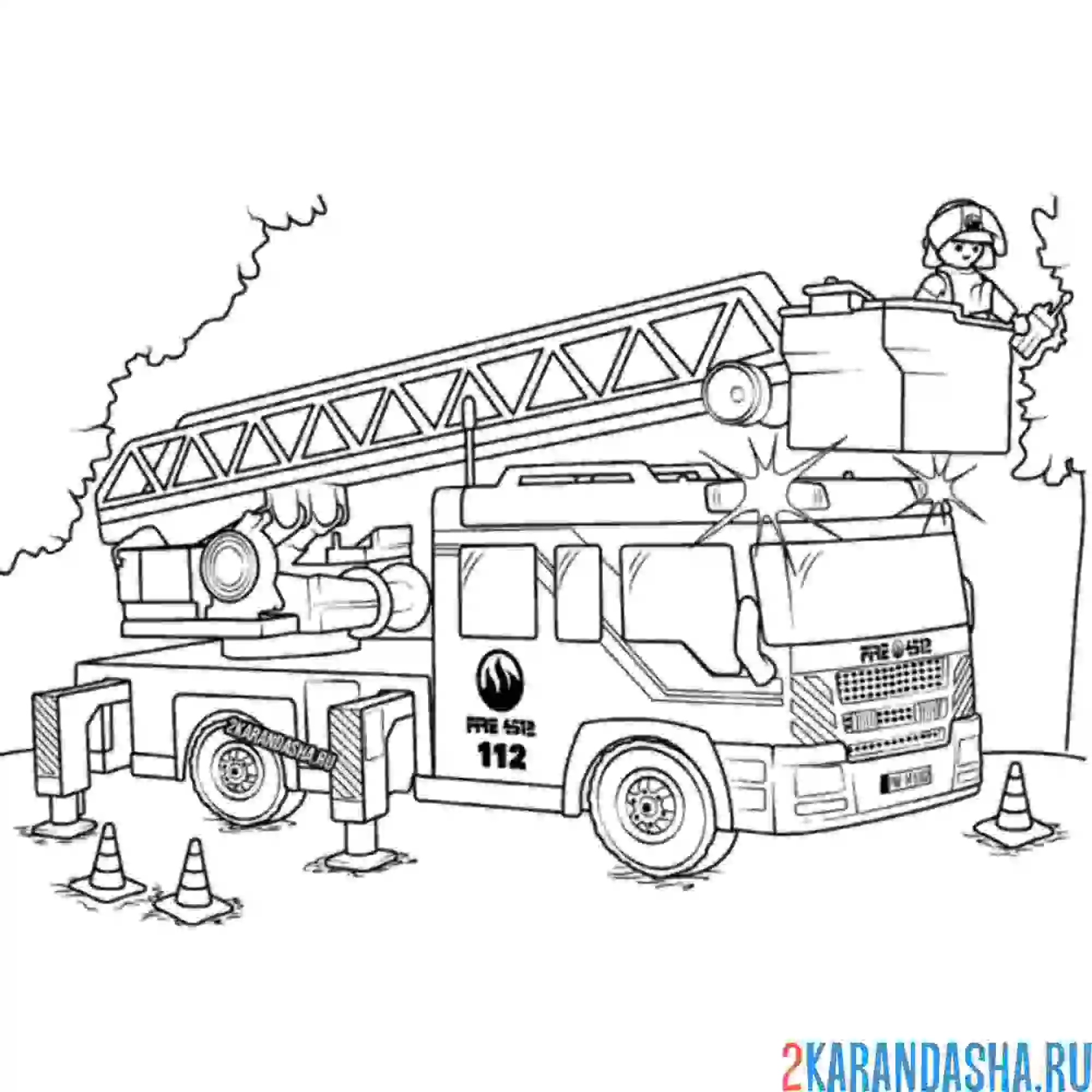 Раскраска пожарный на пожарной машине