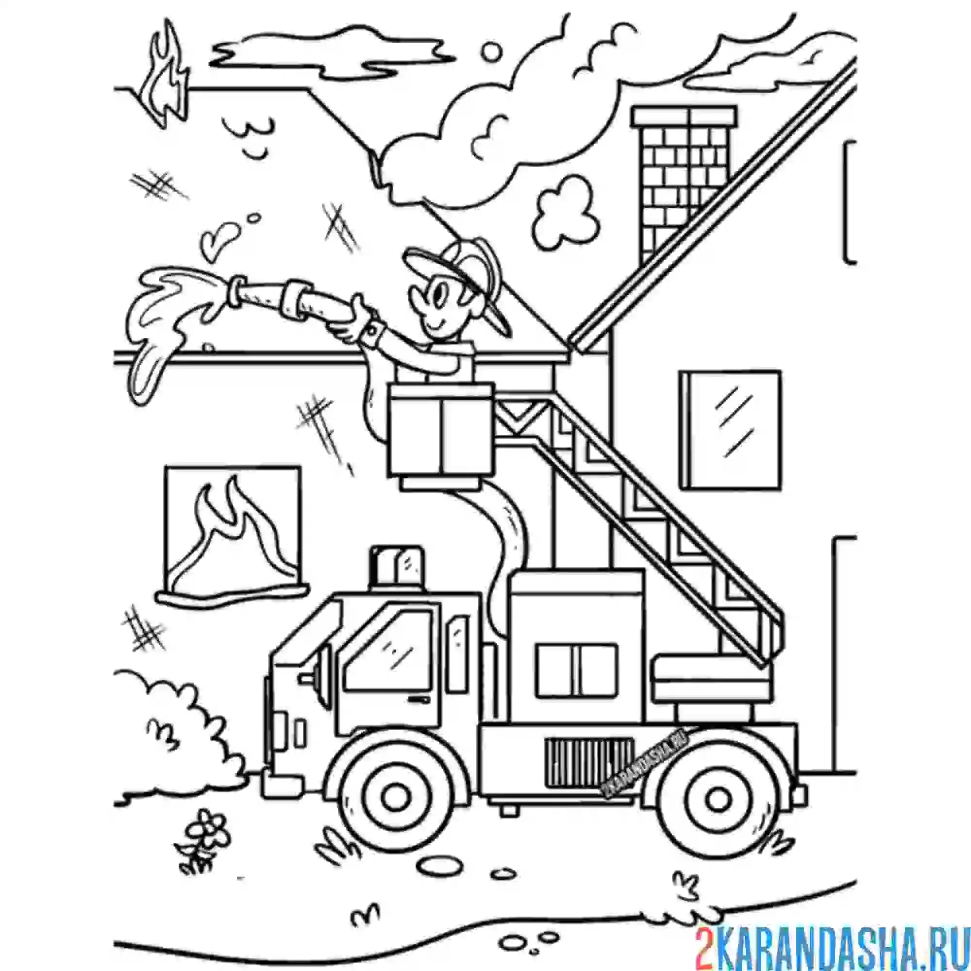 Раскраска пожарный на пожарной машине тушит