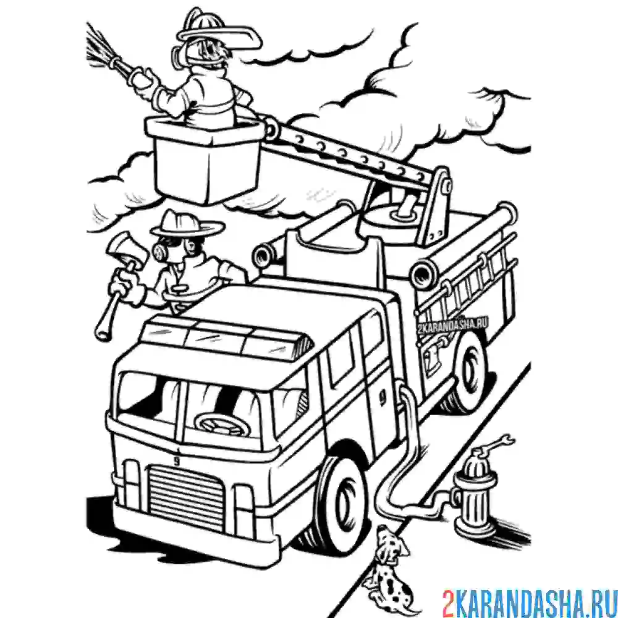 Раскраска два пожарных на пожарной машине