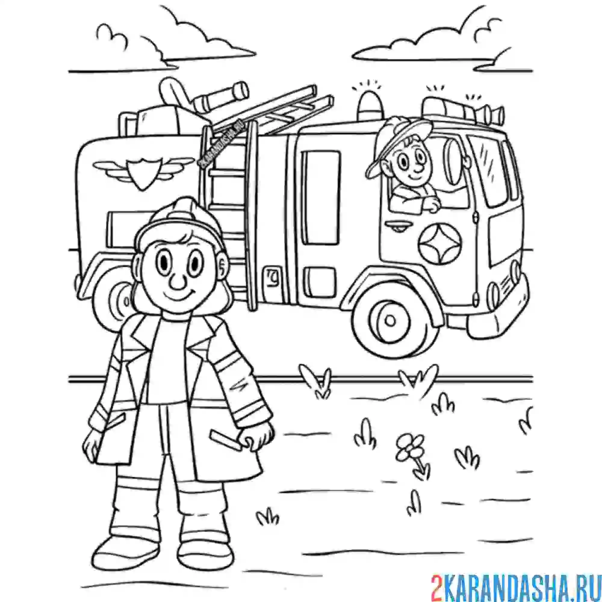Раскраска пожарные на пожарной машине работают