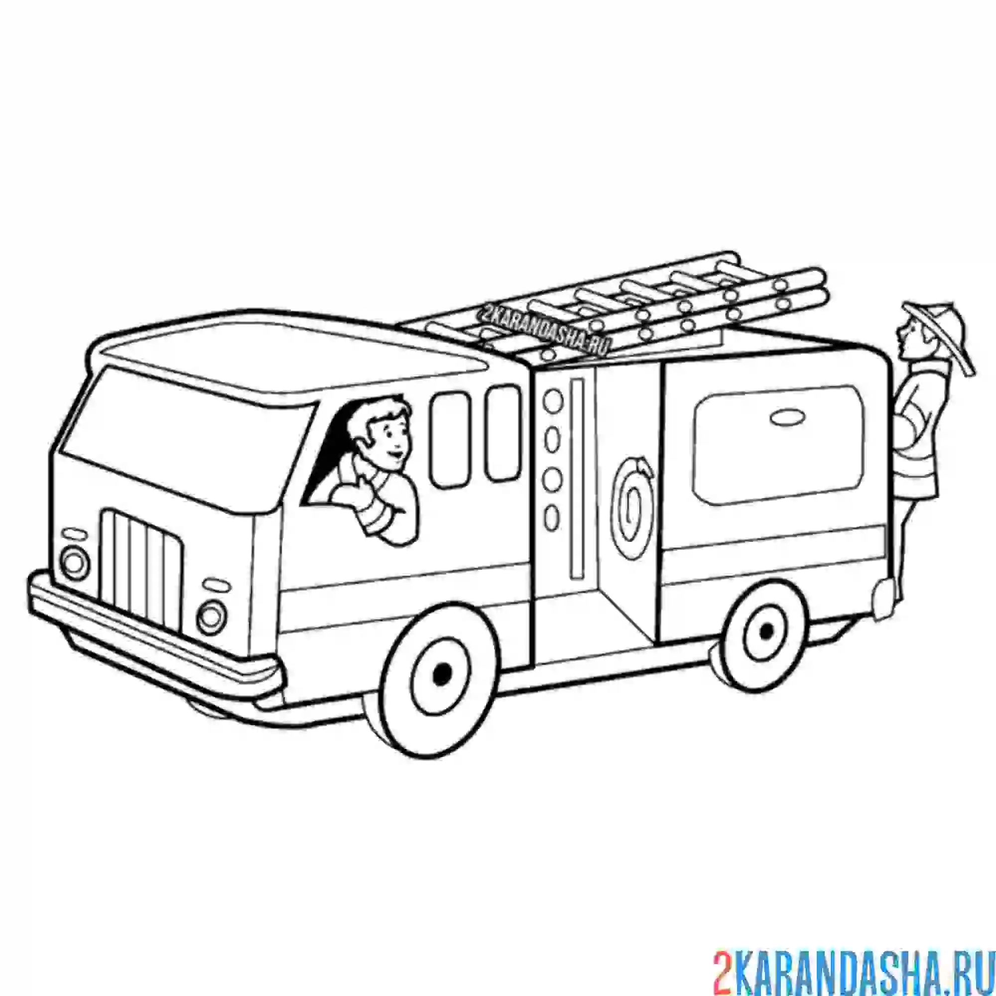 Раскраска пожарный работает на пожарной машине