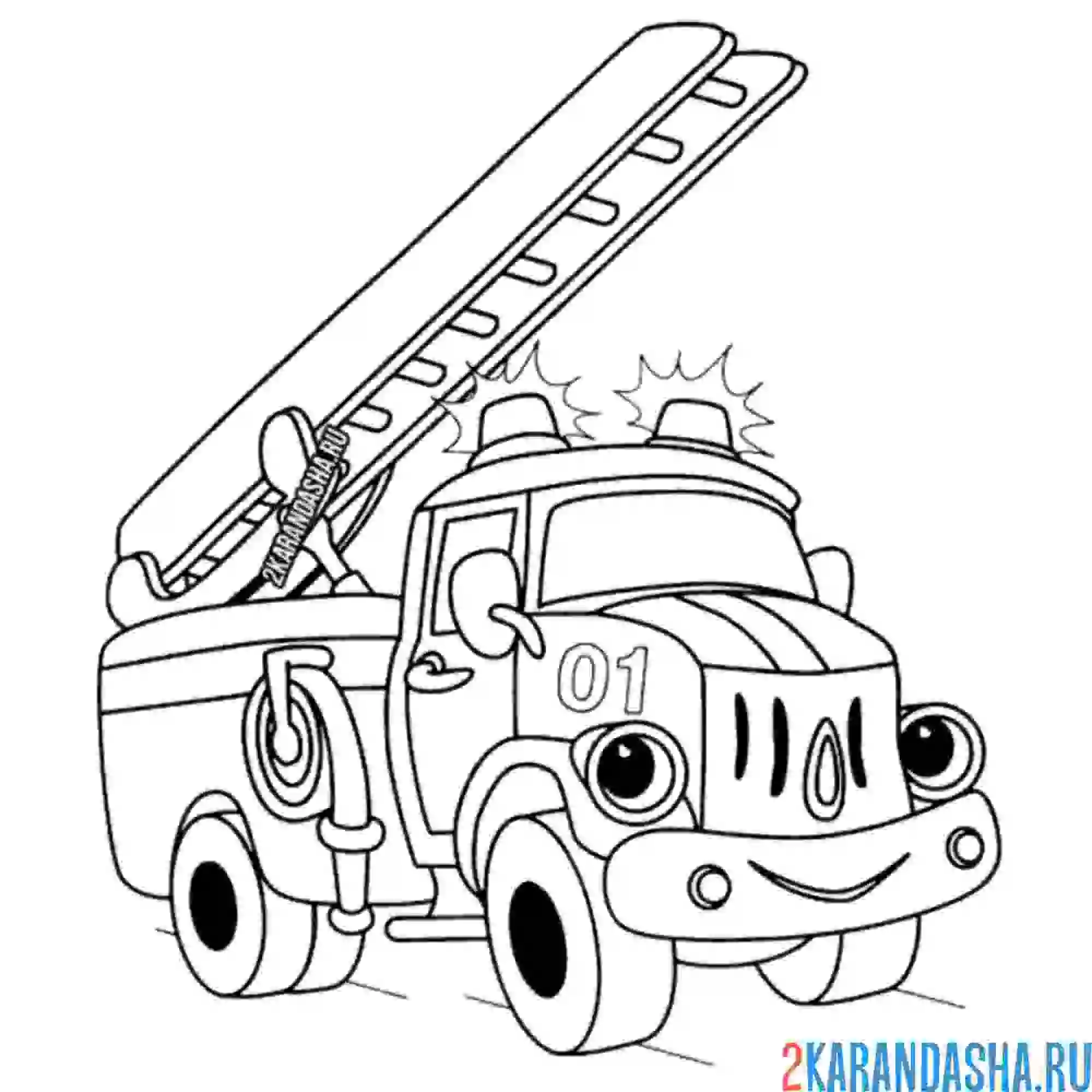 Раскраска рисунок детский пожарная машина