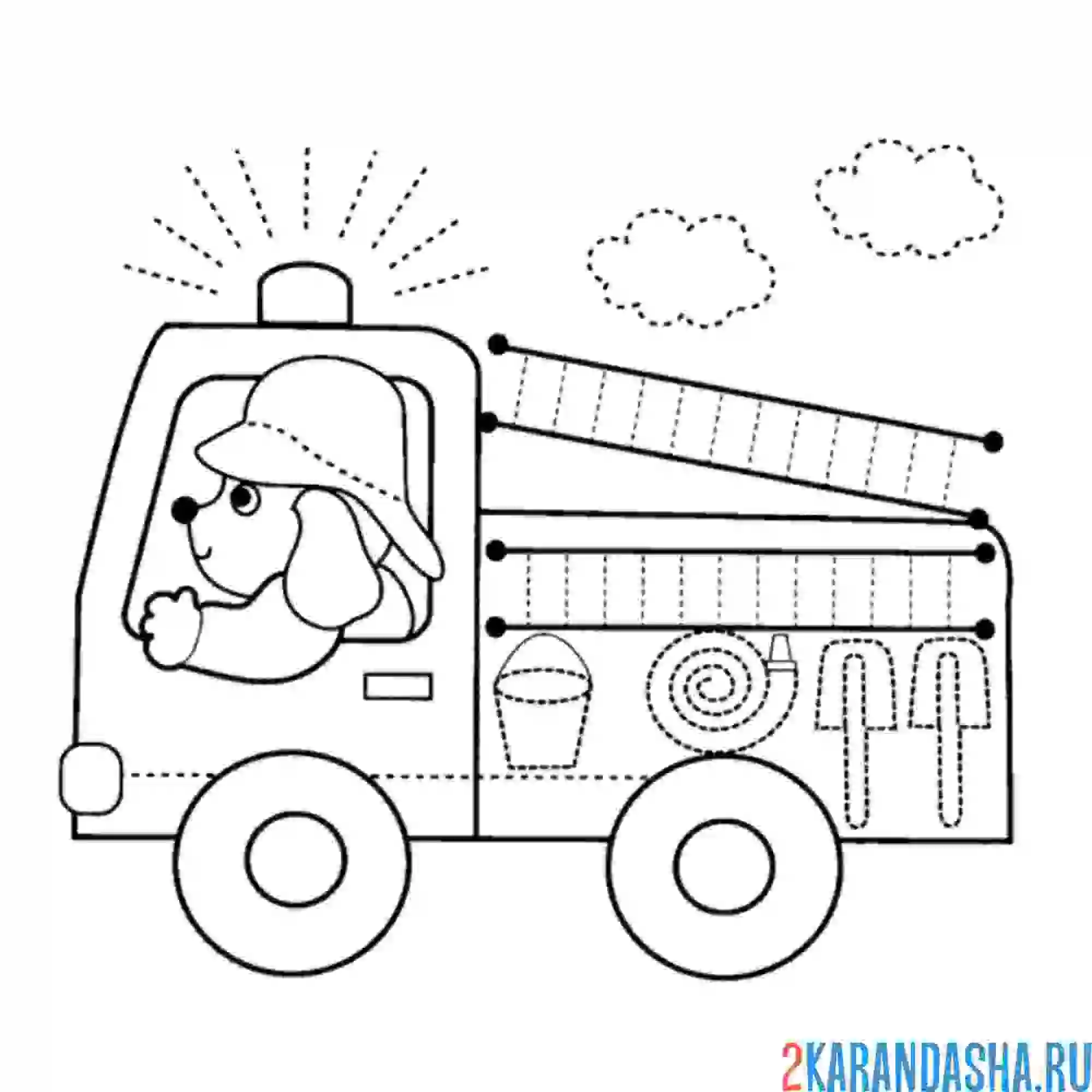 Раскраска собачка-пожарный на пожарной машине