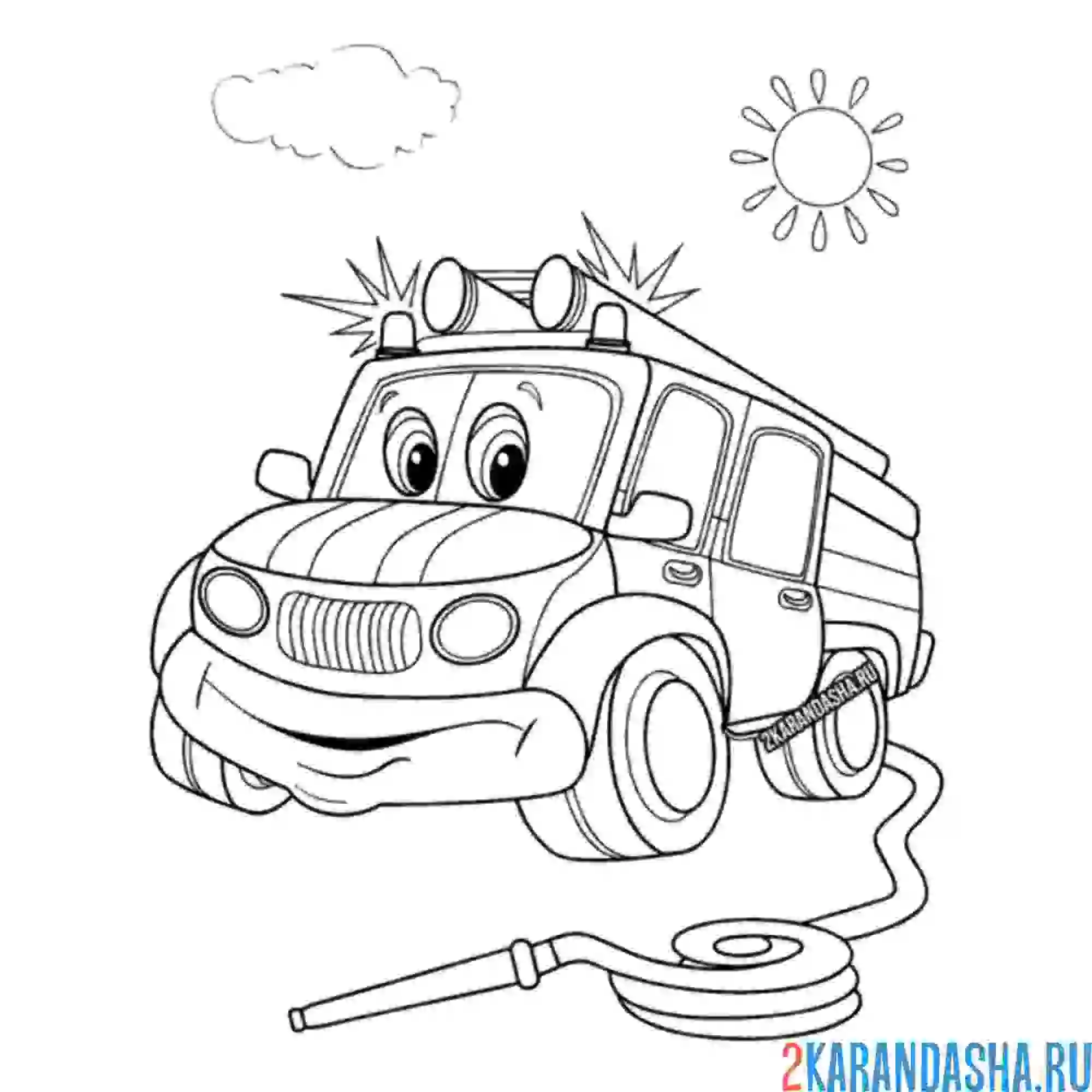 Раскраска пожарная машина включила сирену