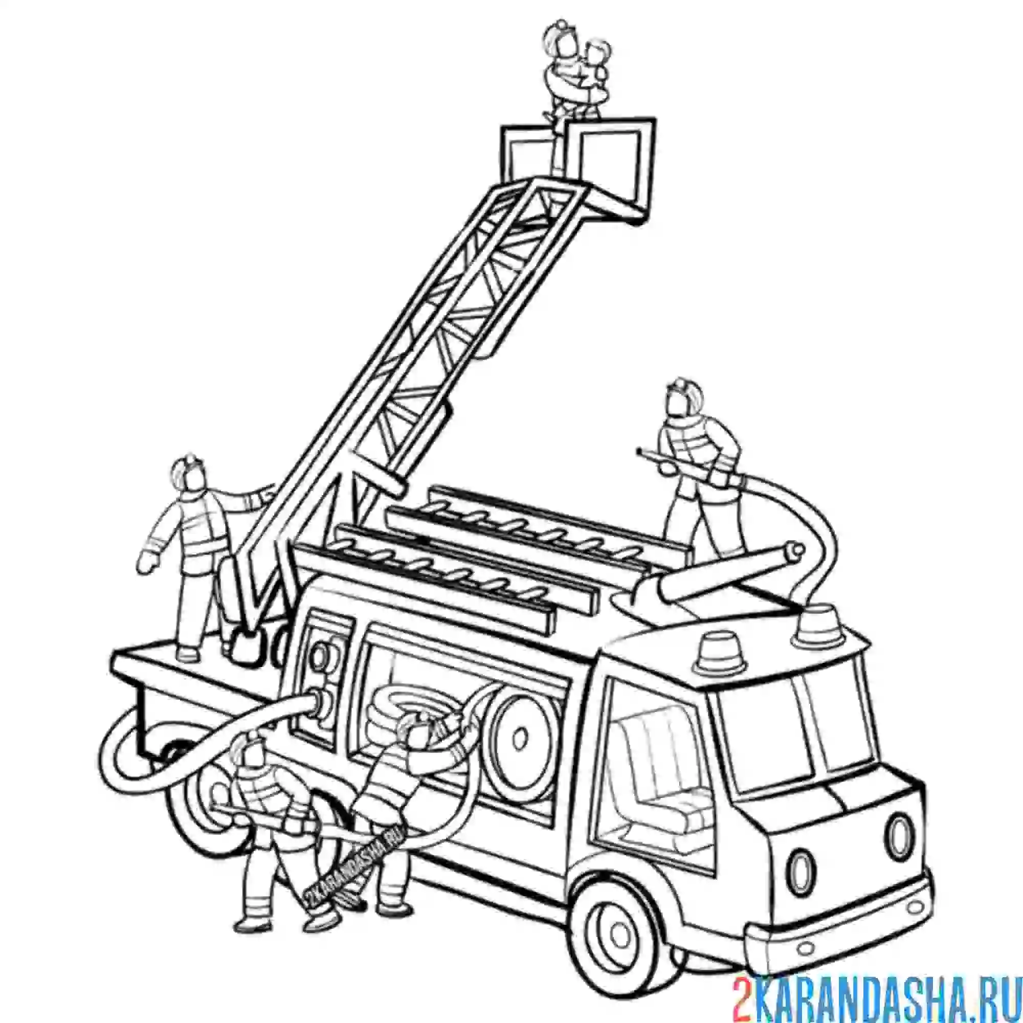 Раскраска пожарные спасли ребенка на пожарной машине