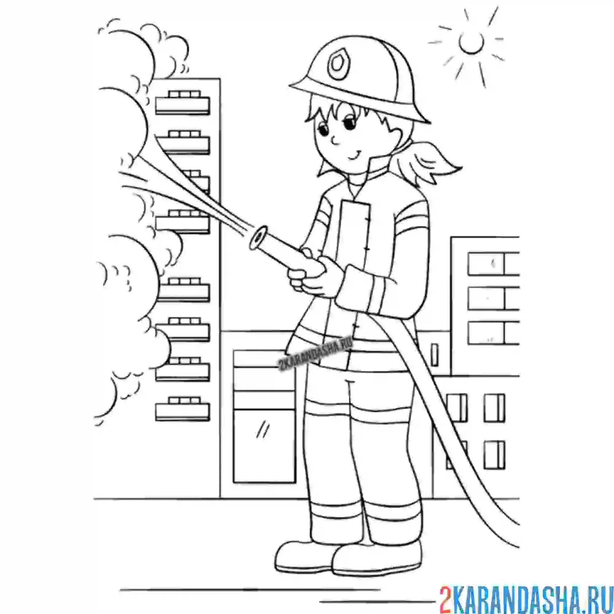 Раскраска девочка пожарный тушит