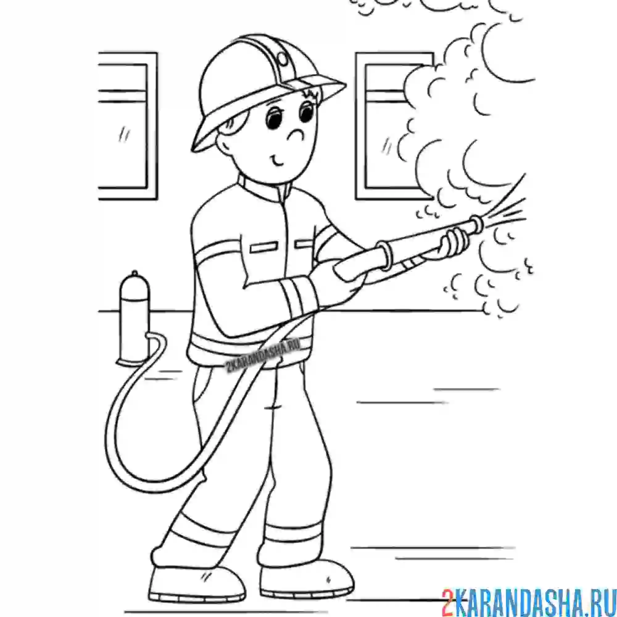 Раскраска пожарный тушит пожар в городе