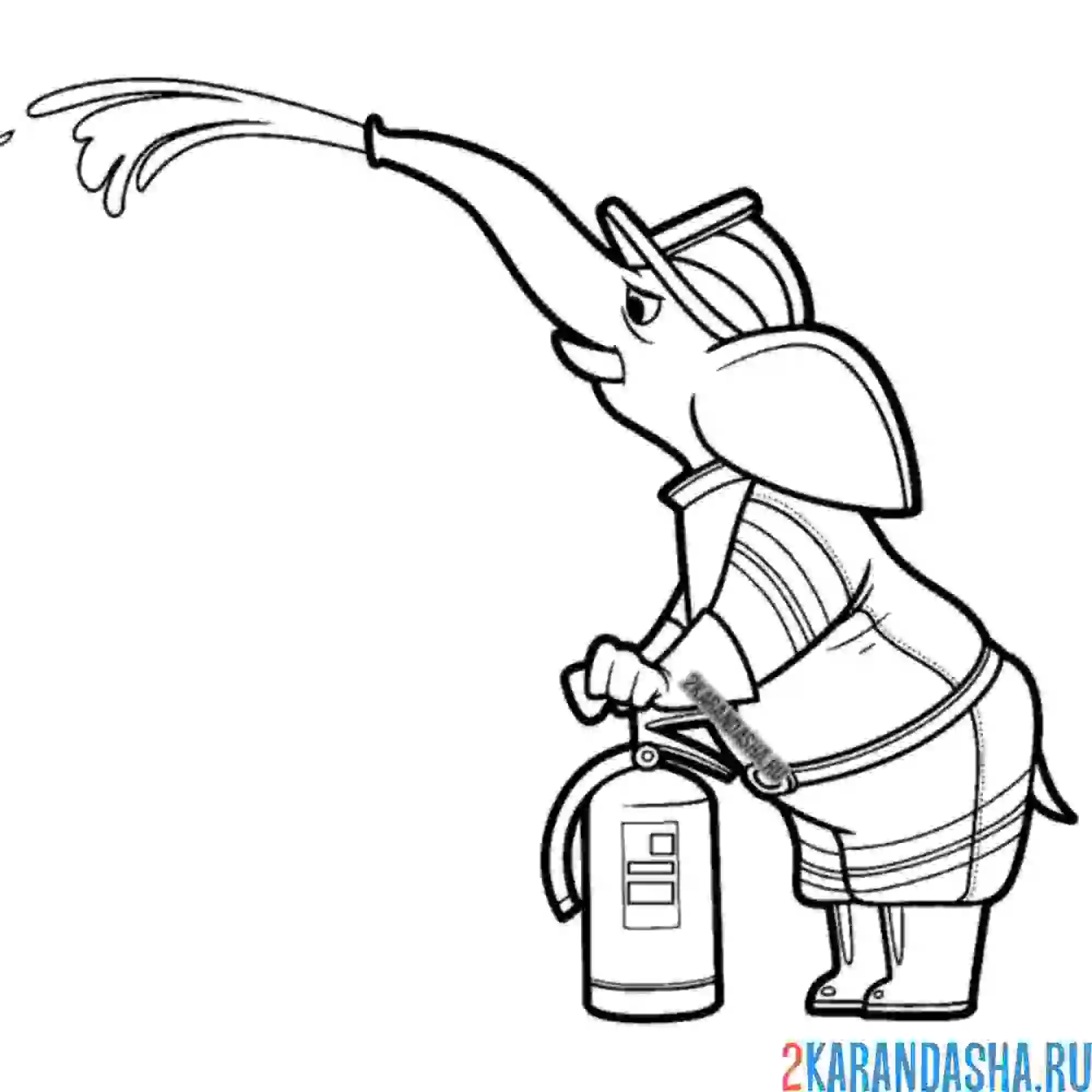 Раскраска пожарный слон льет воду