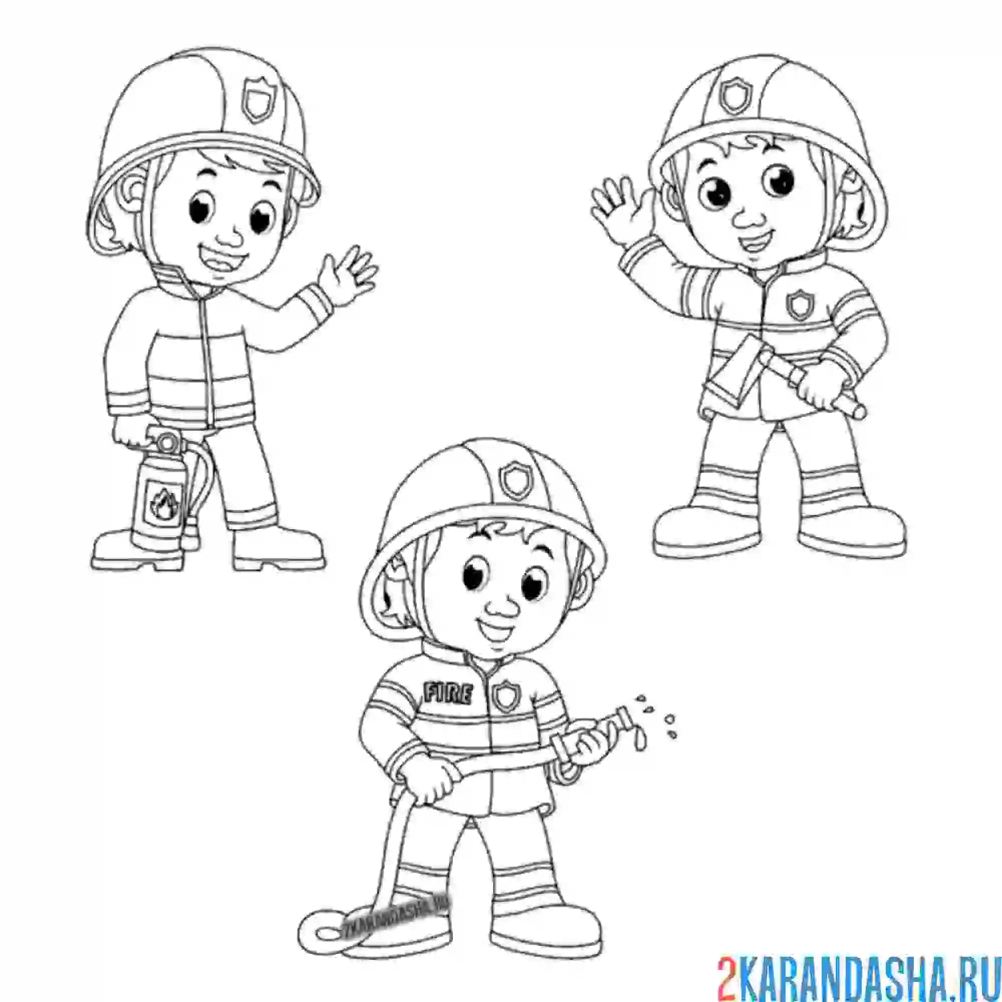 Раскраска три пожарных