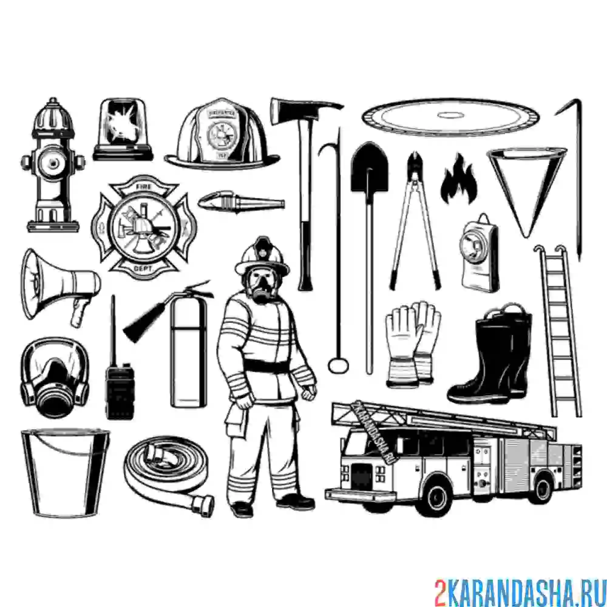 Раскраска пожарные и его обмундирование