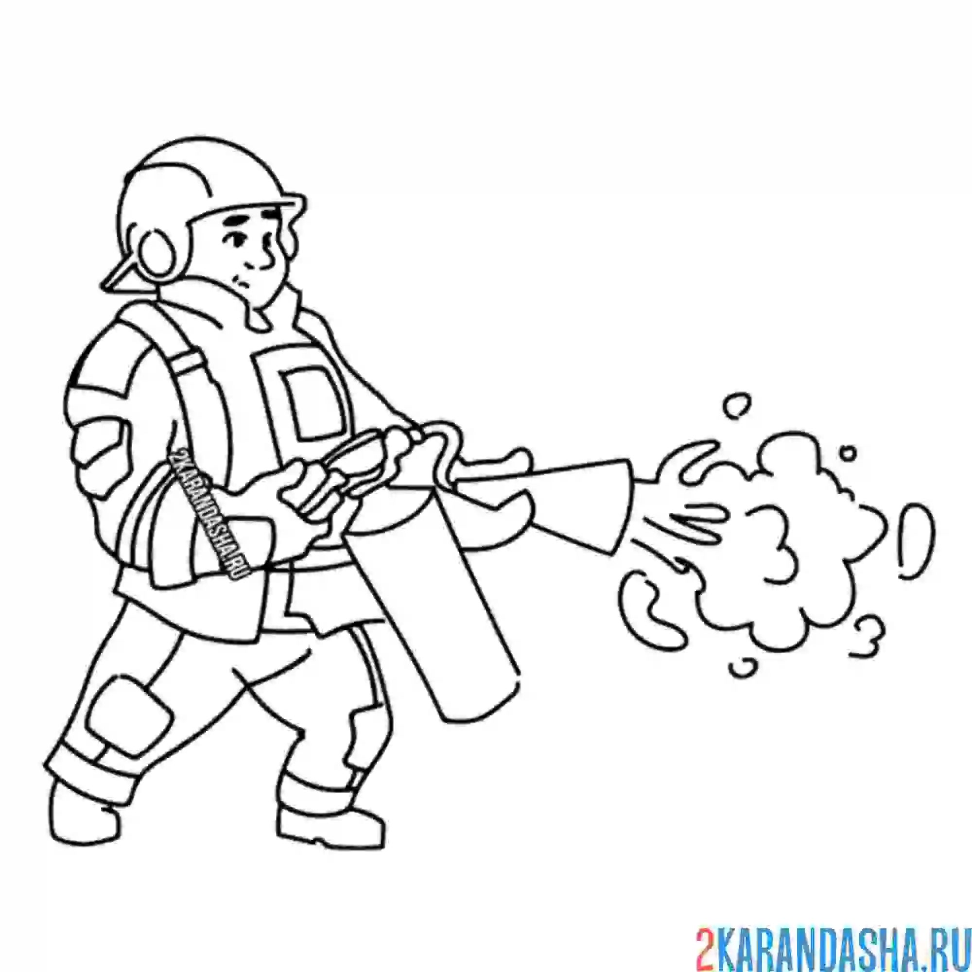 Раскраска пожарный с огнетушителем