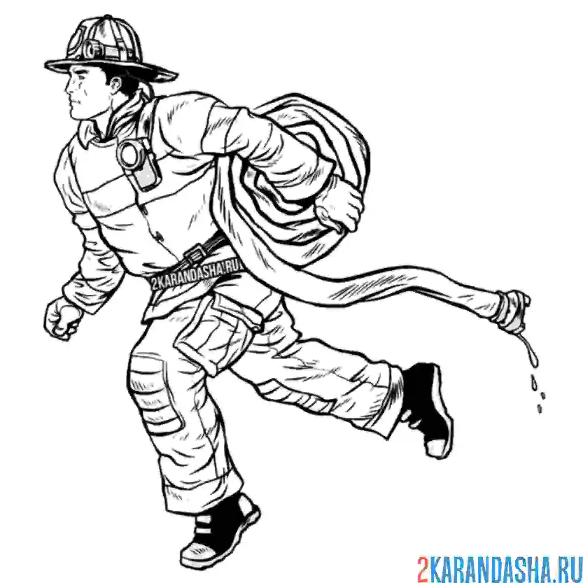 Раскраска пожарный бежит с рукавом