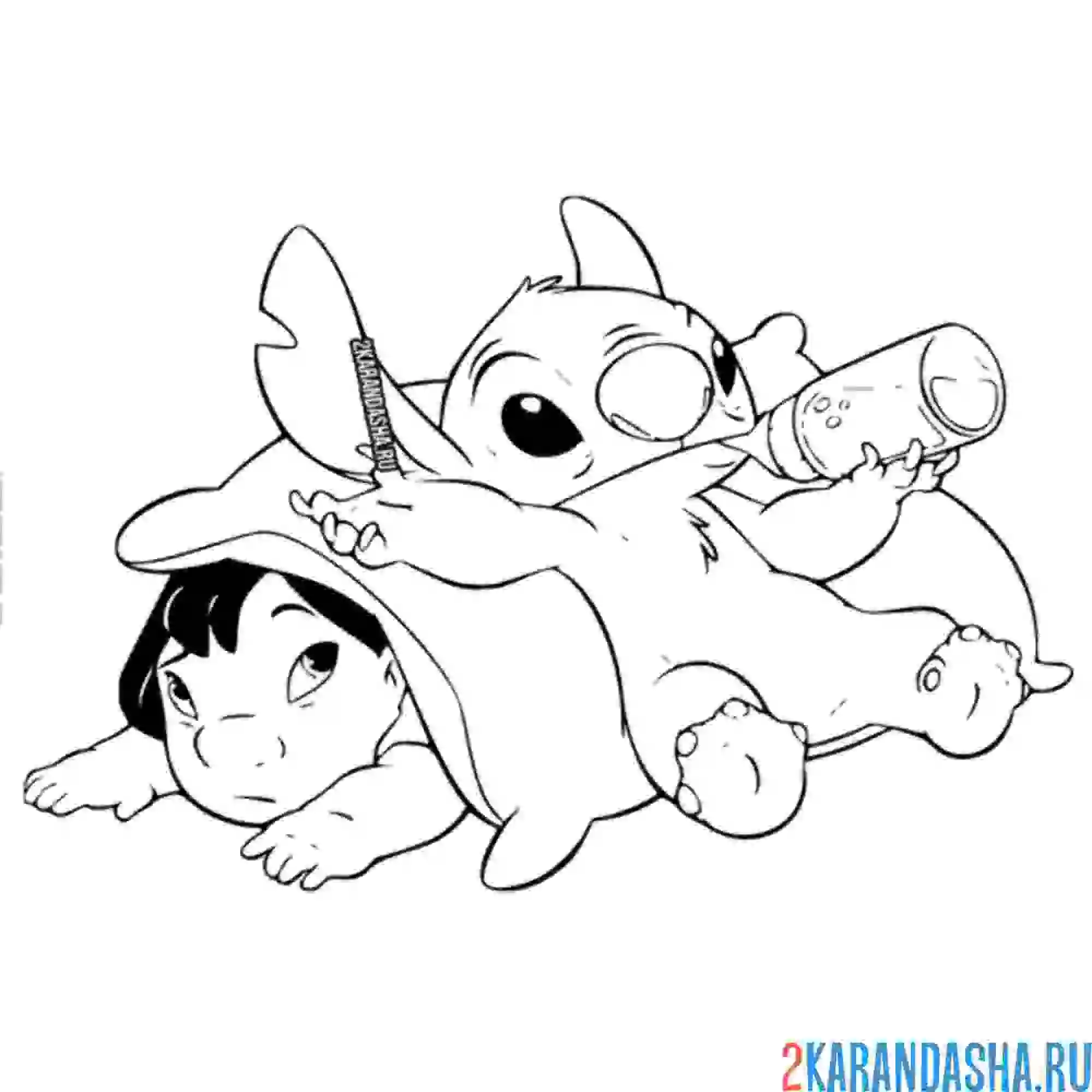 Раскраска стич пьет из бутылочки