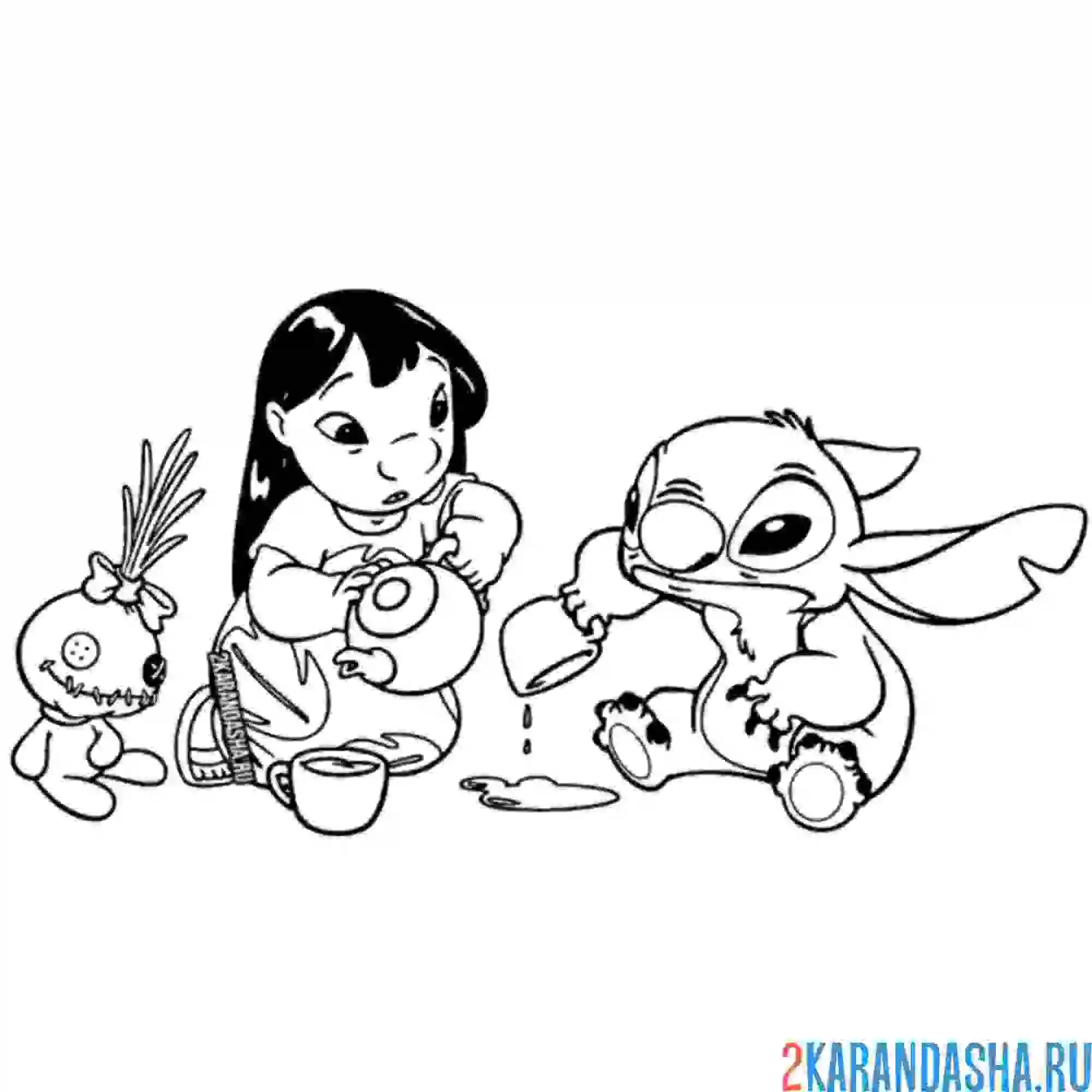 Раскраска стич и лило пьют чай