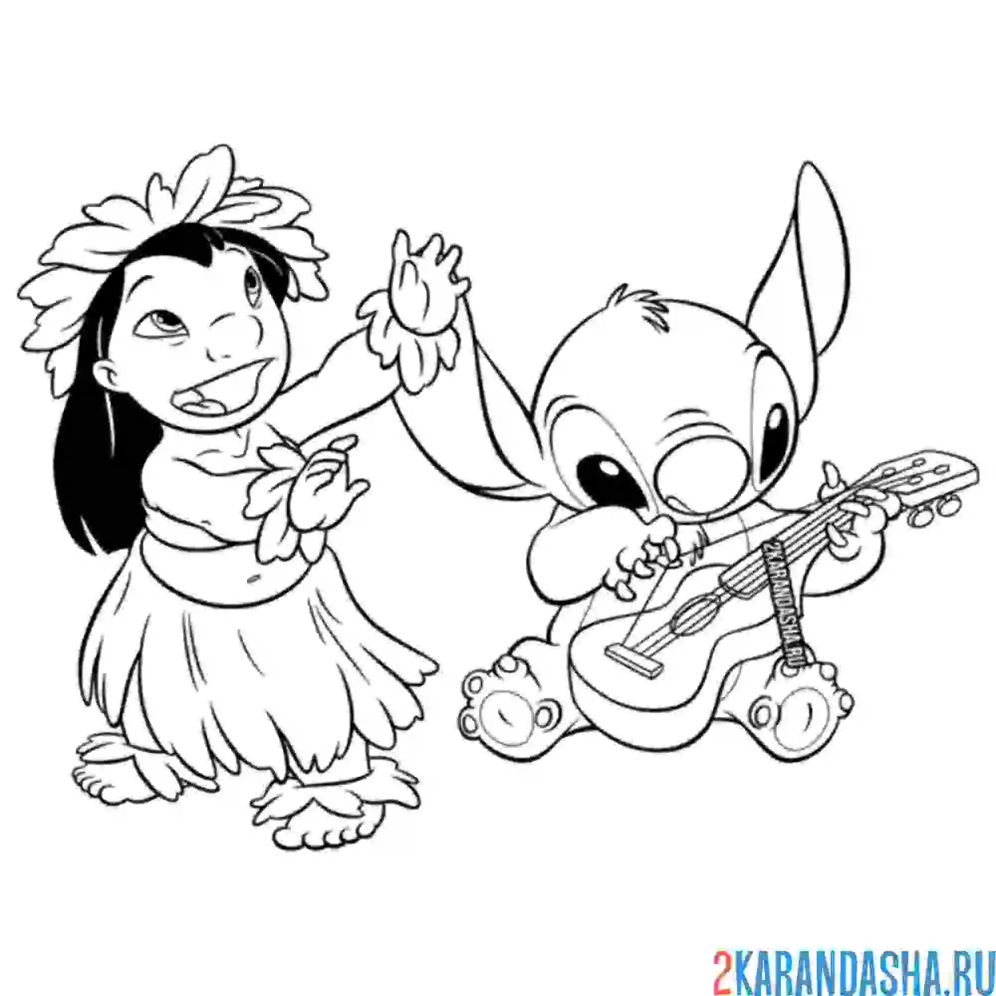 Раскраска стич с гитарой и лило