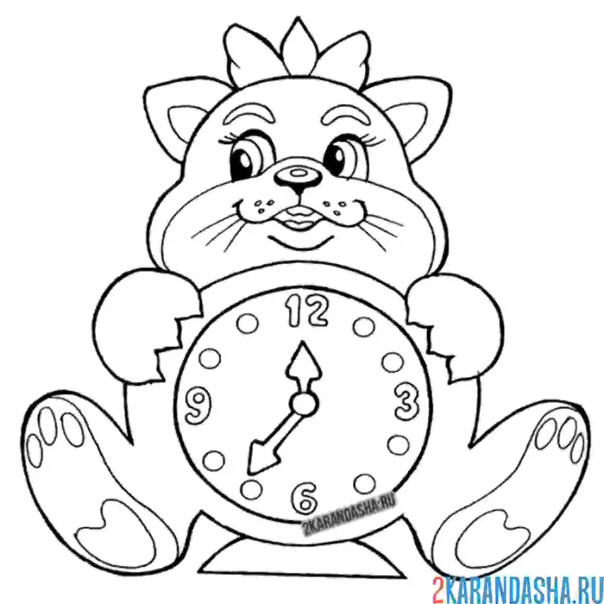 Раскраска часы в котике