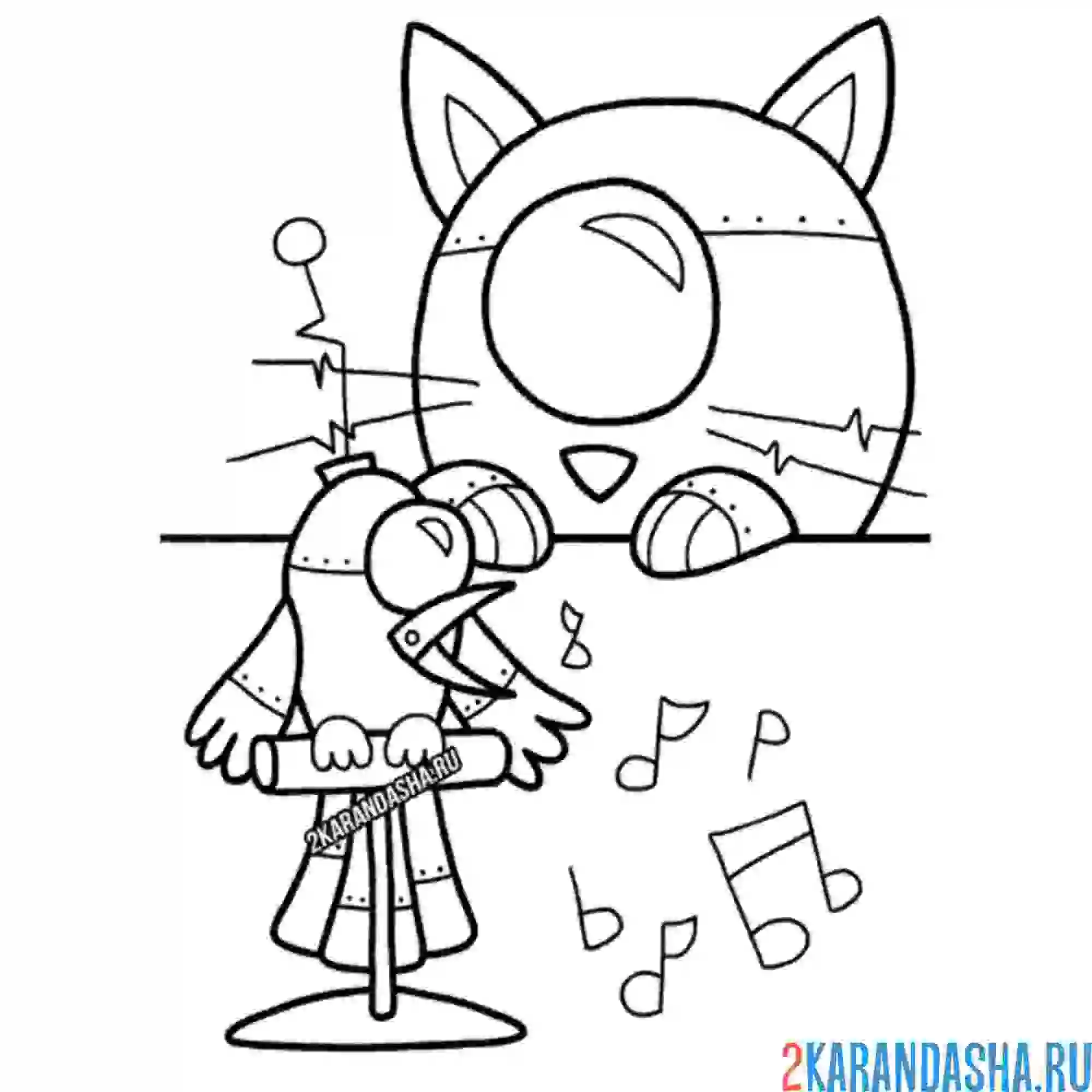 Раскраска котик и птичка роботы