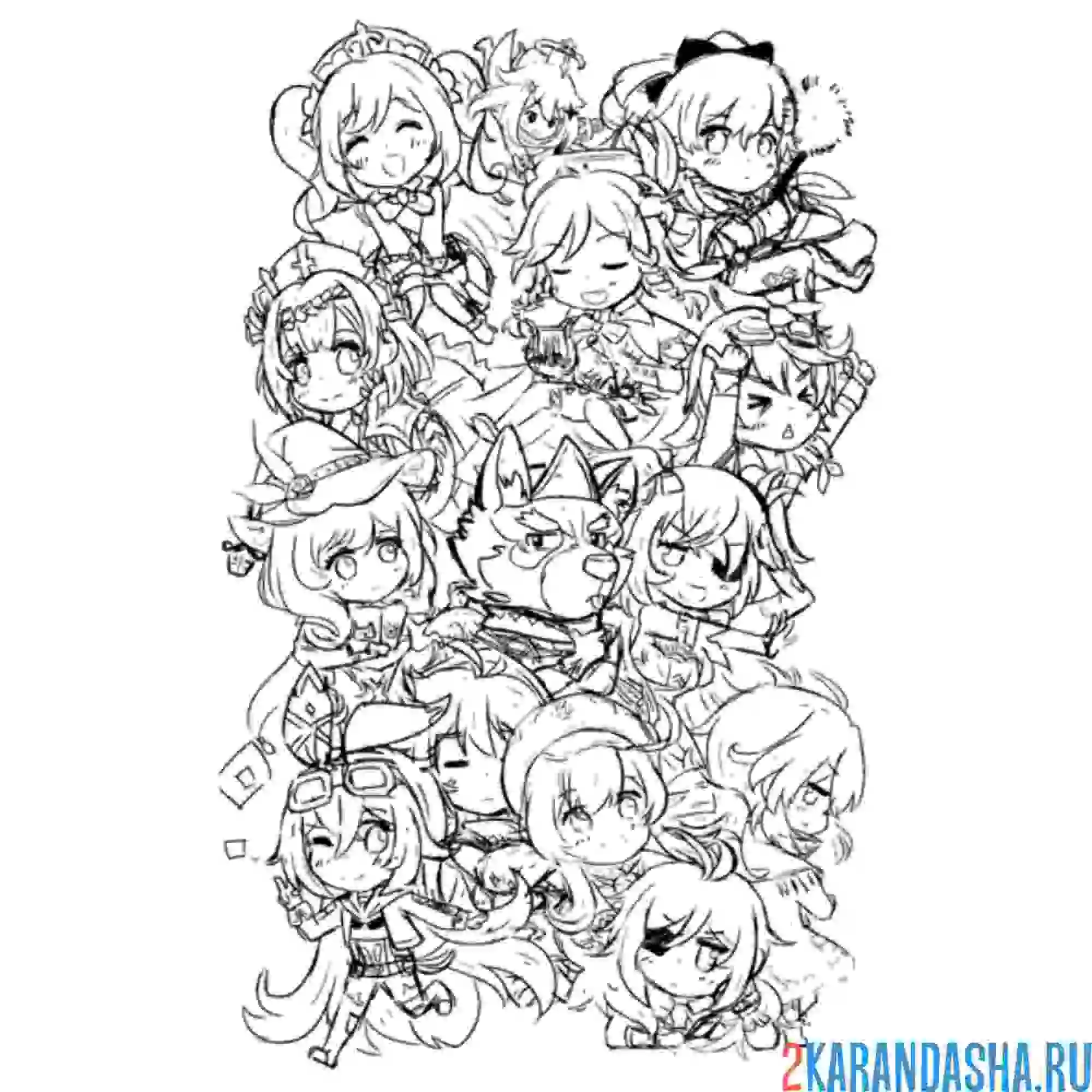 Раскраска геншин импакт много персонажей