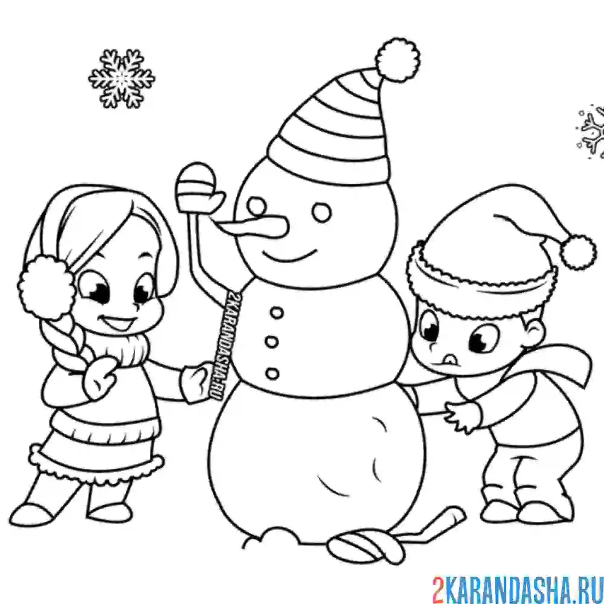 Раскраска детишки лепят снеговика