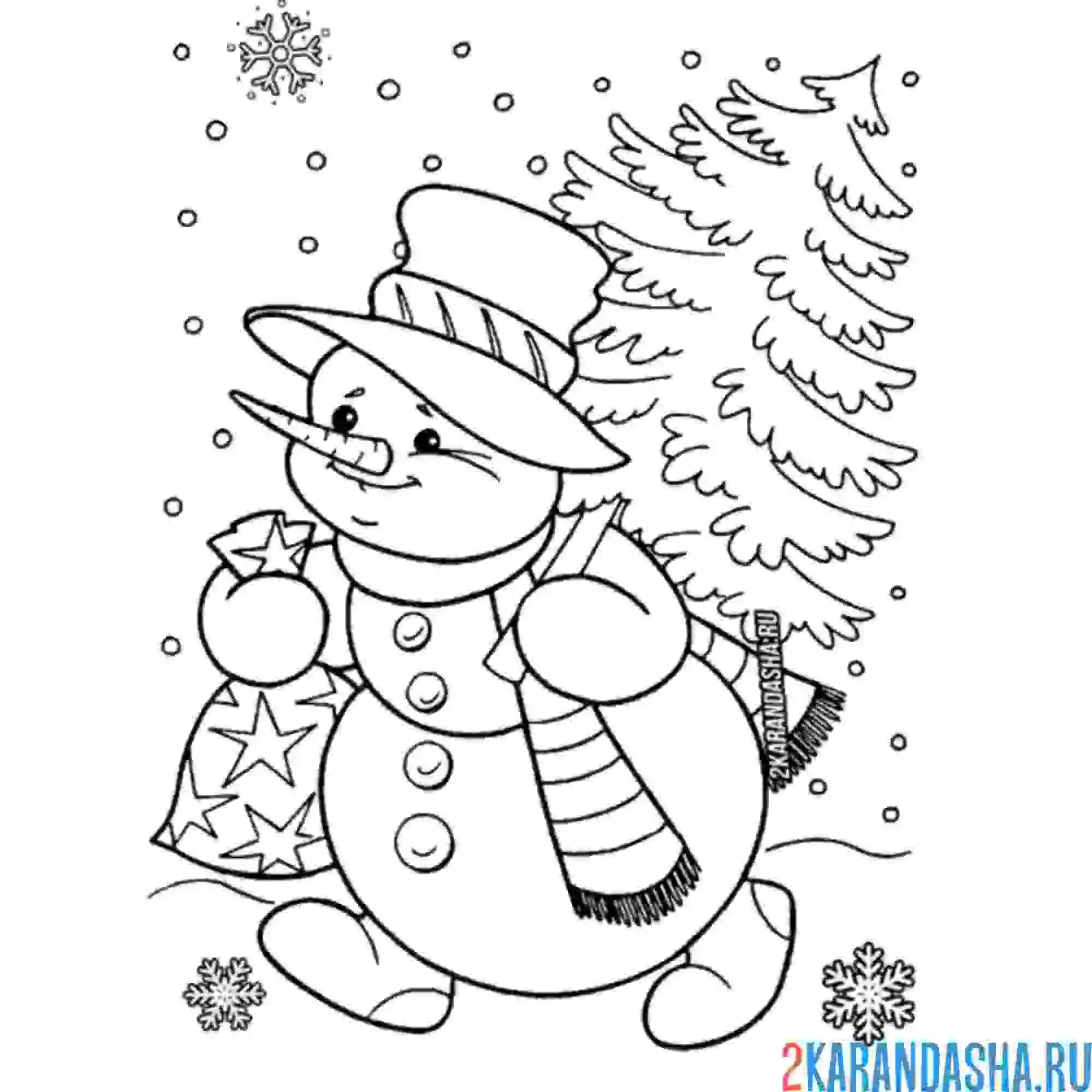 Раскраска снеговик несет елку