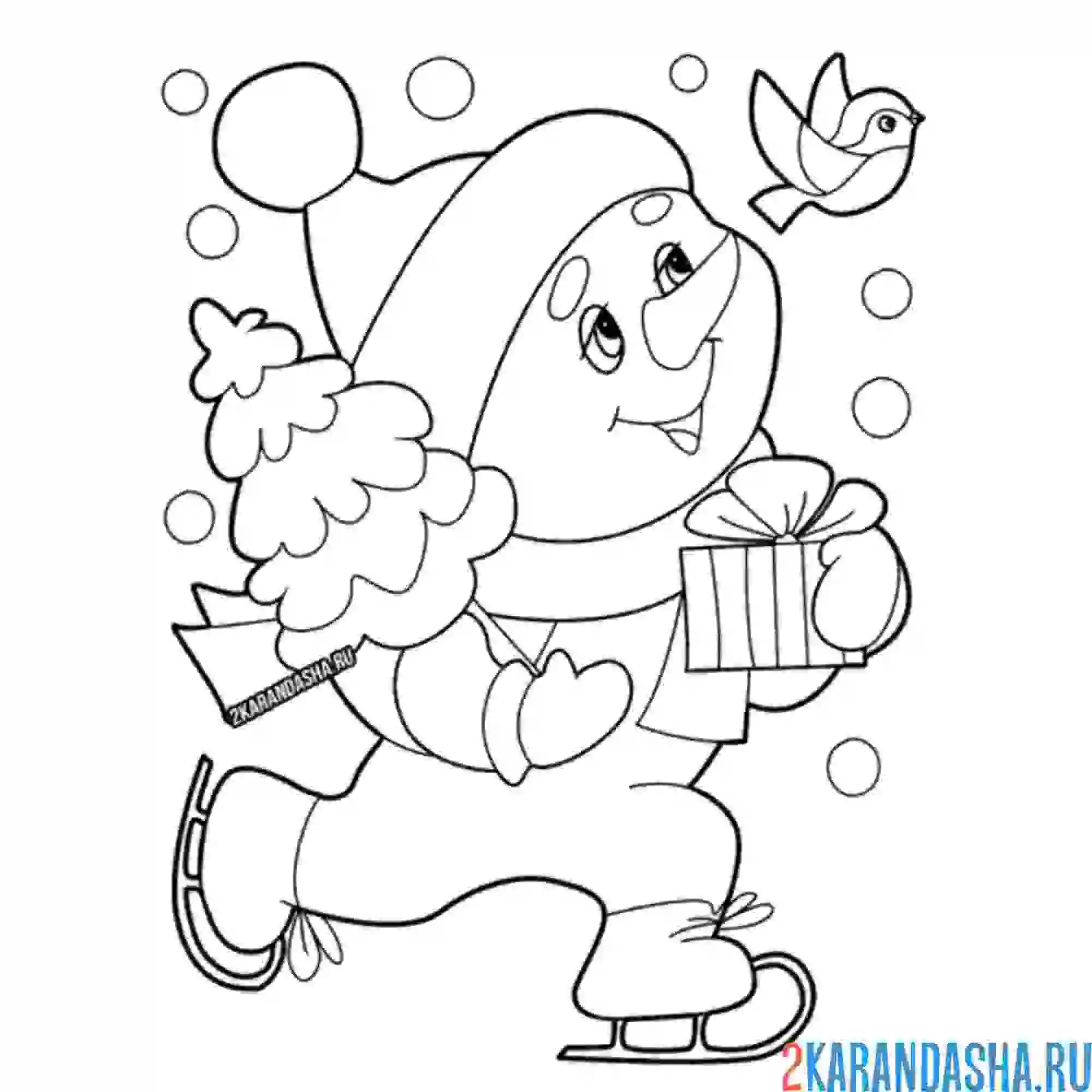 Раскраска снеговик на коньках