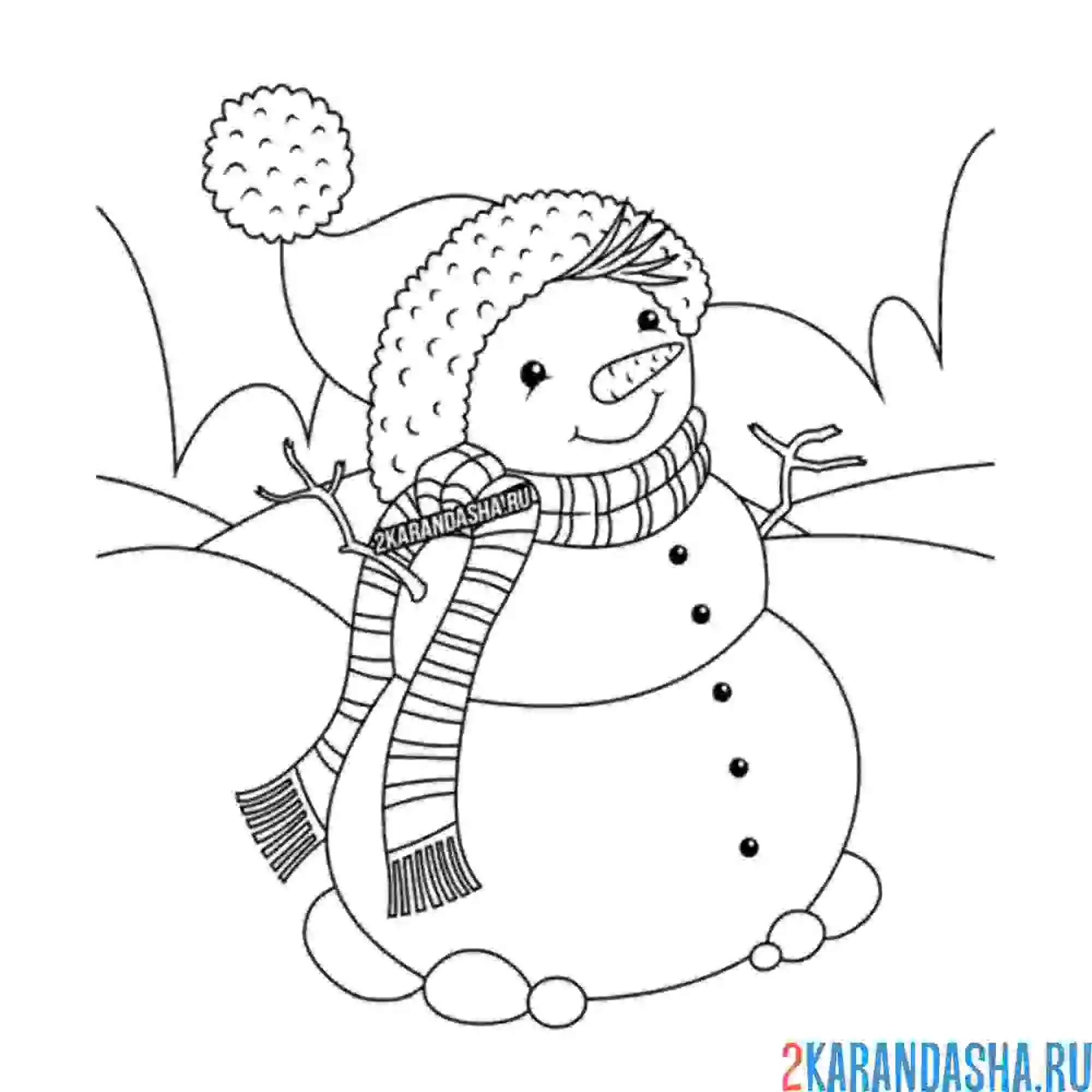 Раскраска снеговик в теплой шапке
