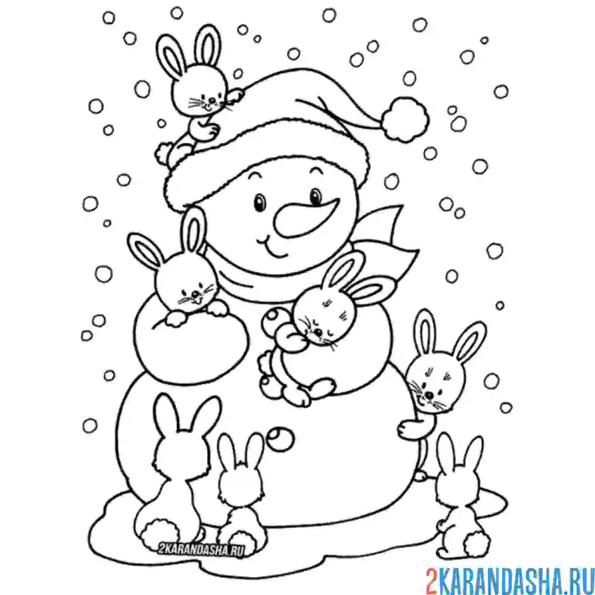 Раскраска снеговик и милые зайчики