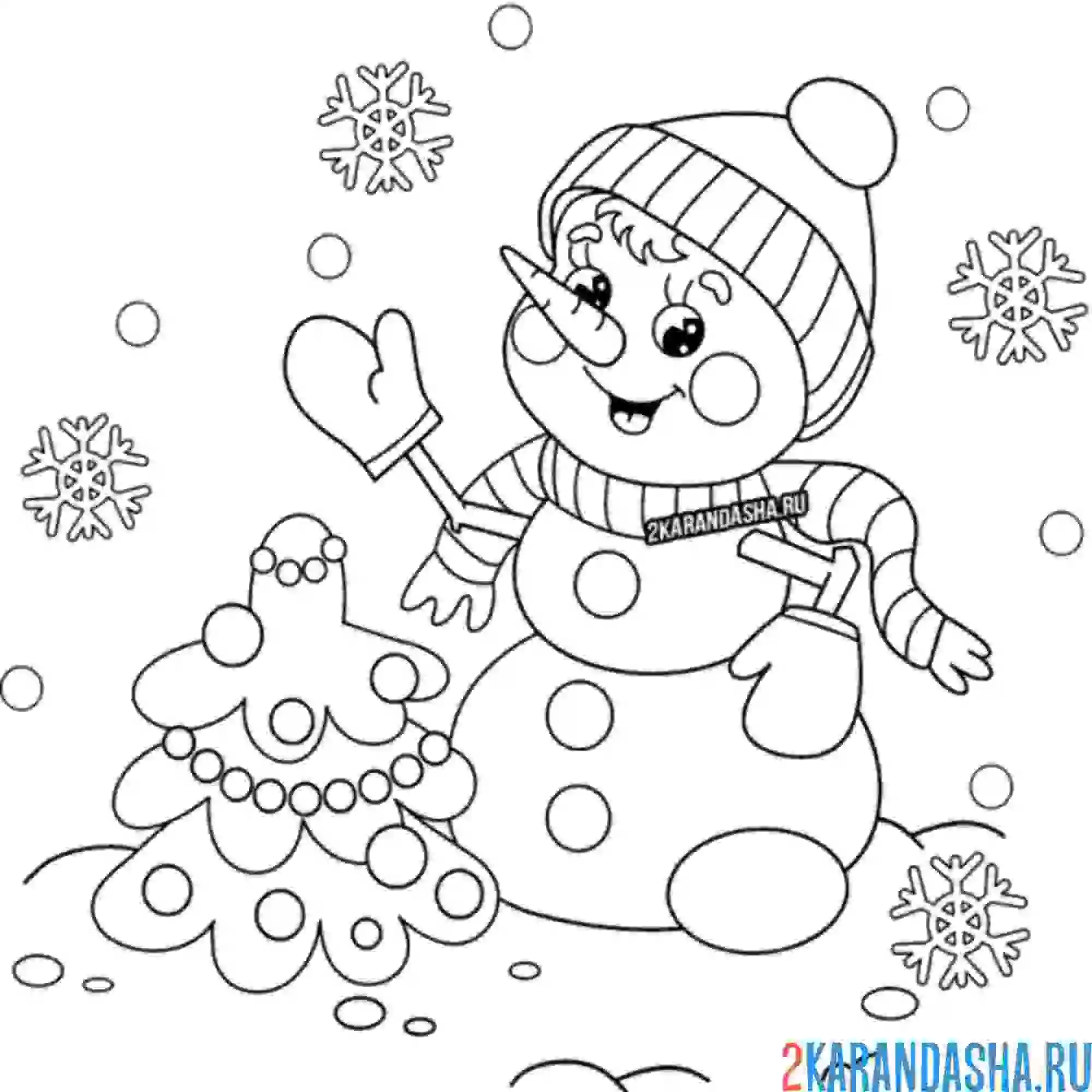Раскраска снеговик в варежках