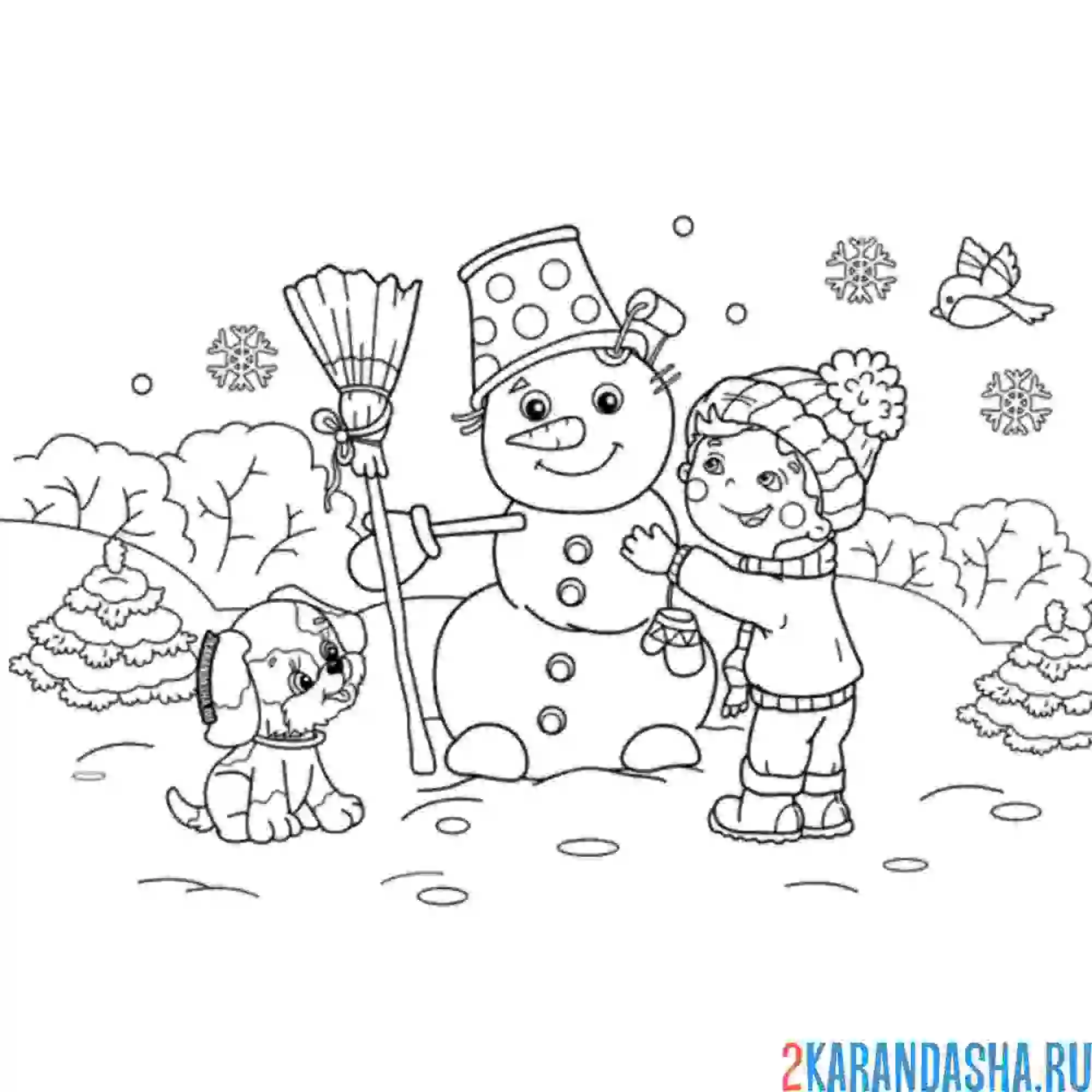 Раскраска малыш слепил снеговика