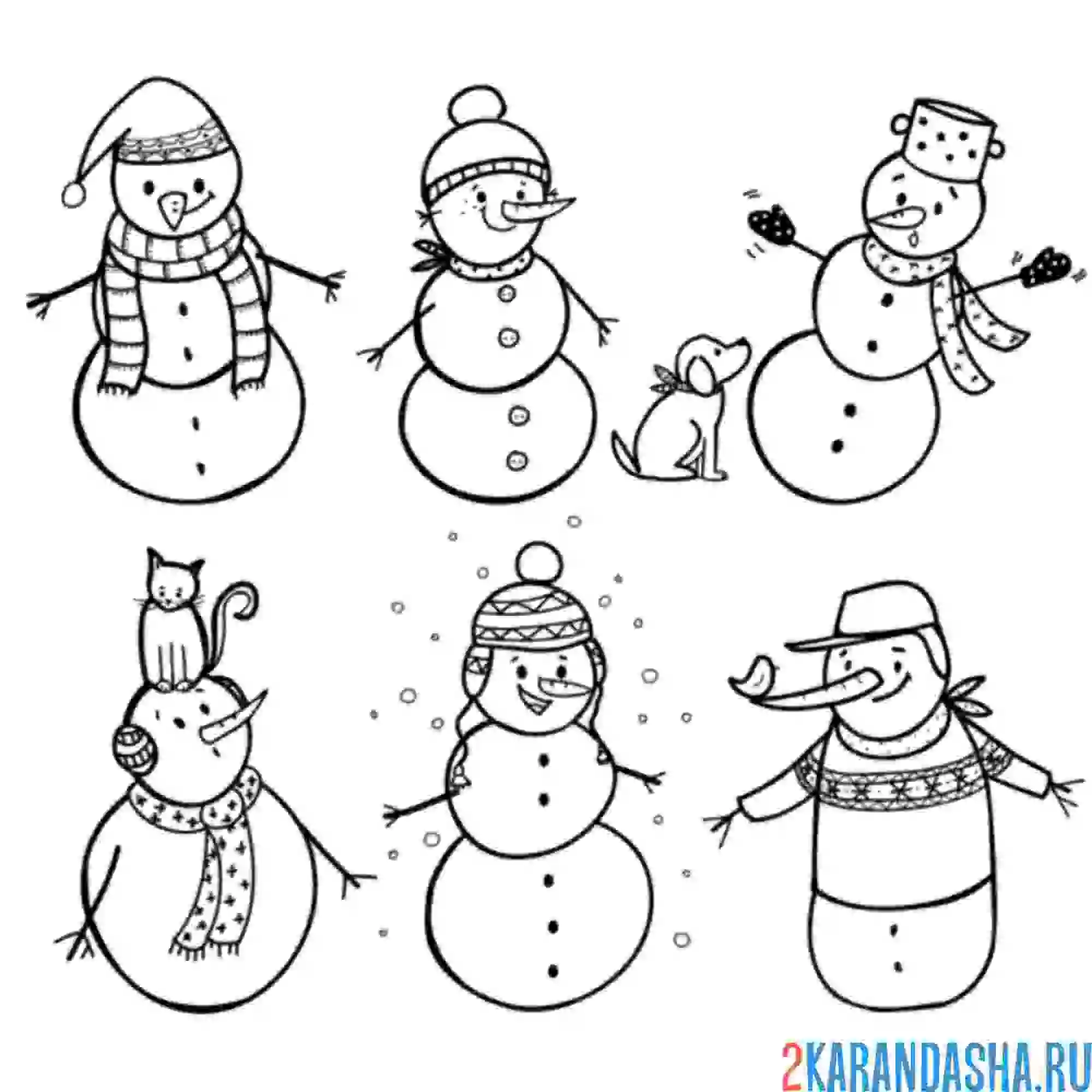 Раскраска много снеговиков