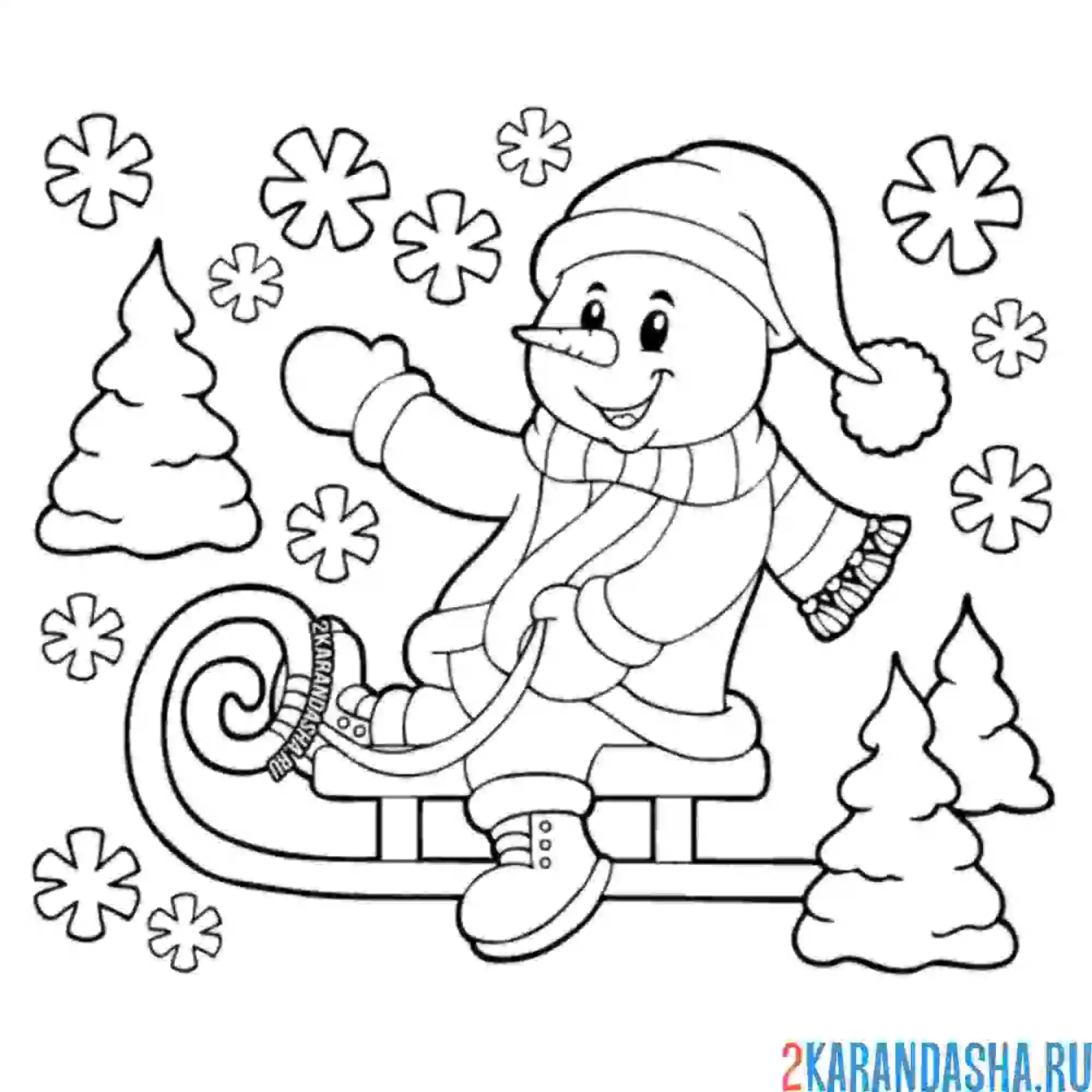 Раскраска снеговик в лесу на санках