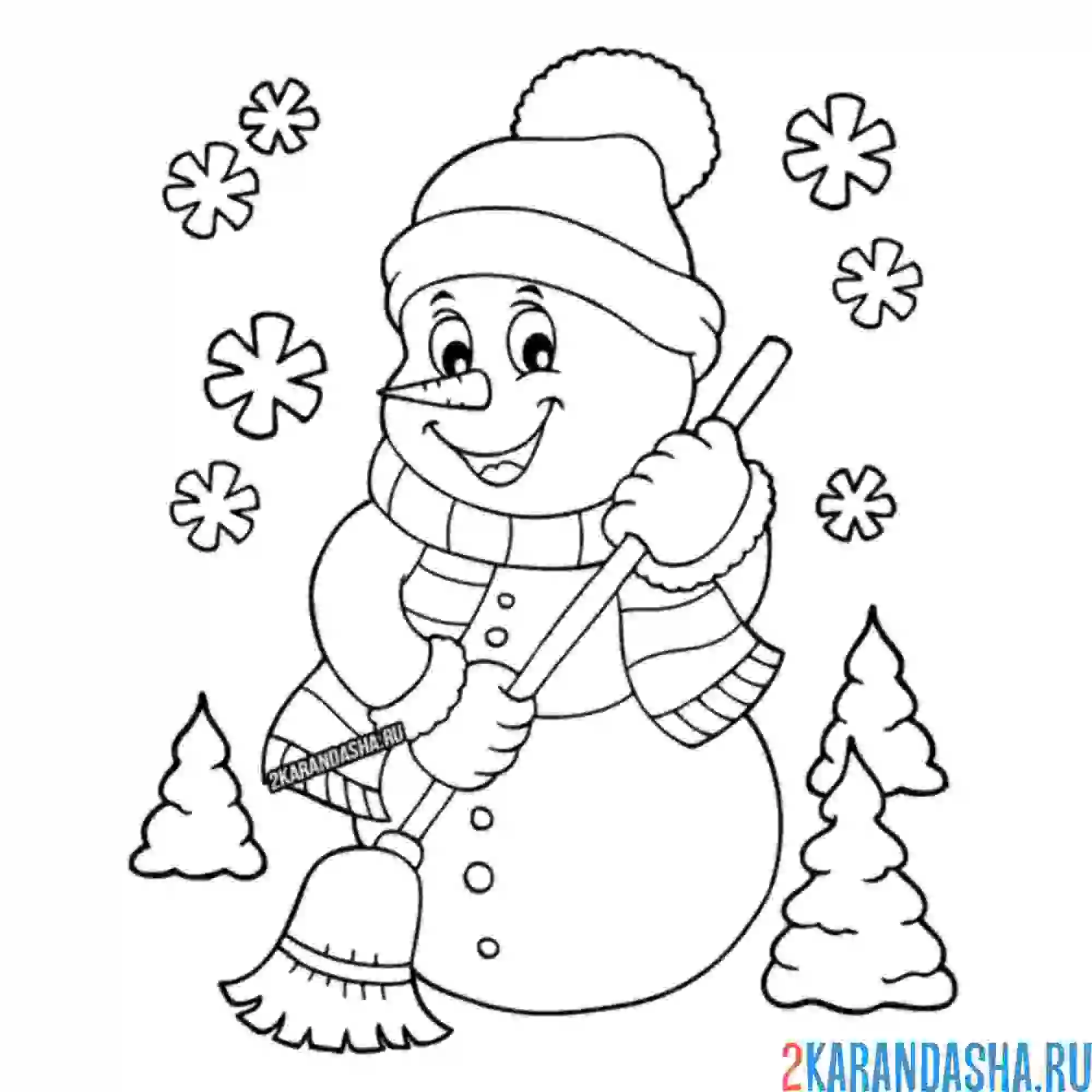 Раскраска снеговик подметает