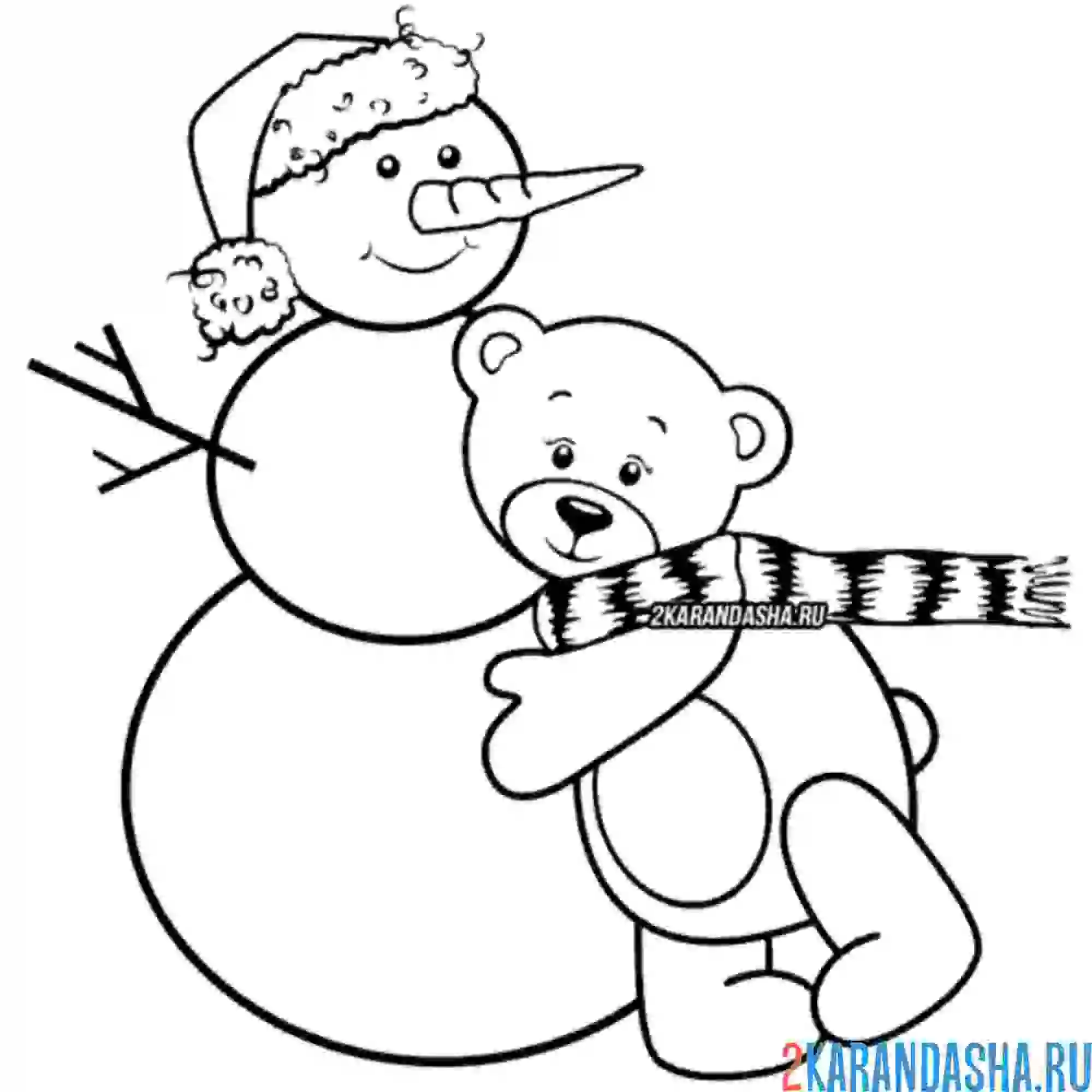 Раскраска мишка обнимает снеговика