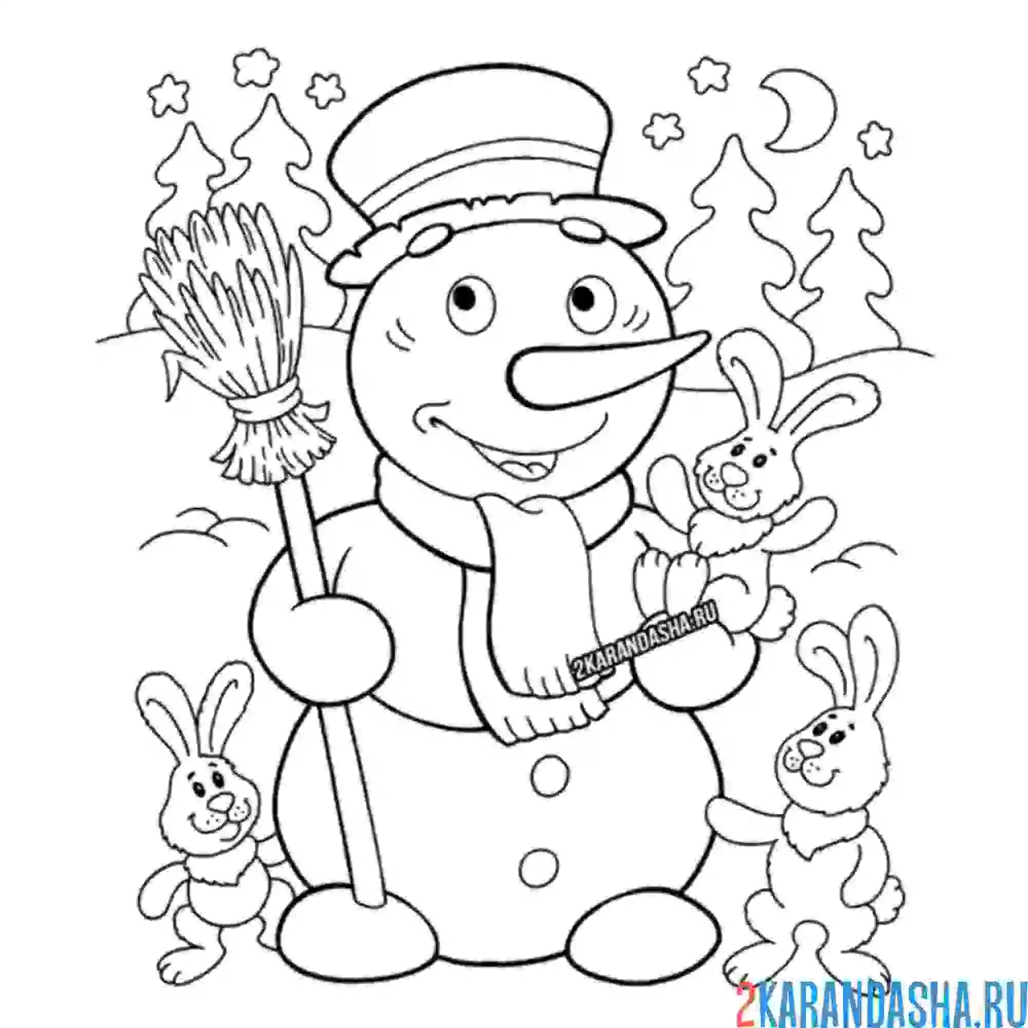 Раскраска снеговик и лесные зайчики
