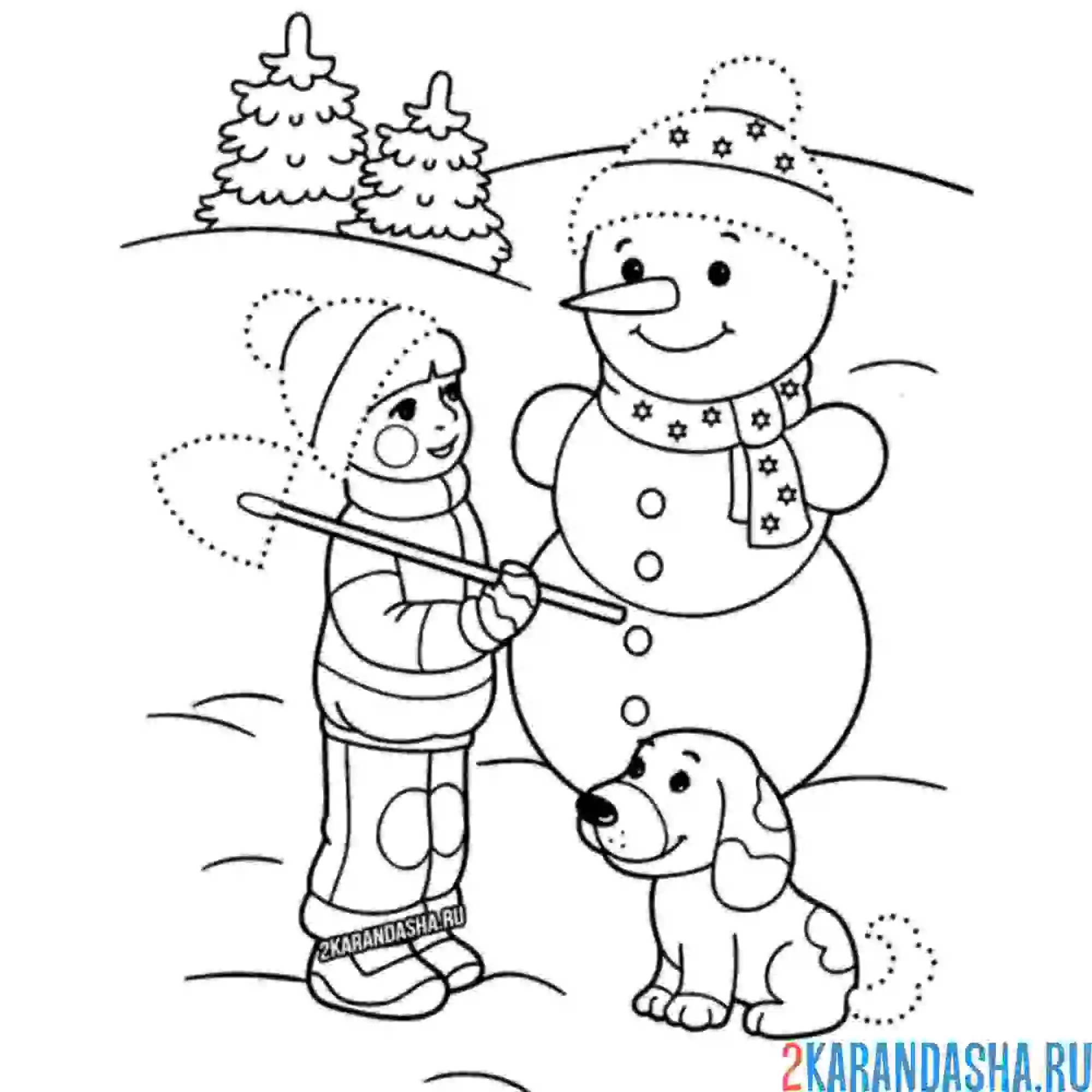 Раскраска обведи детали снеговика