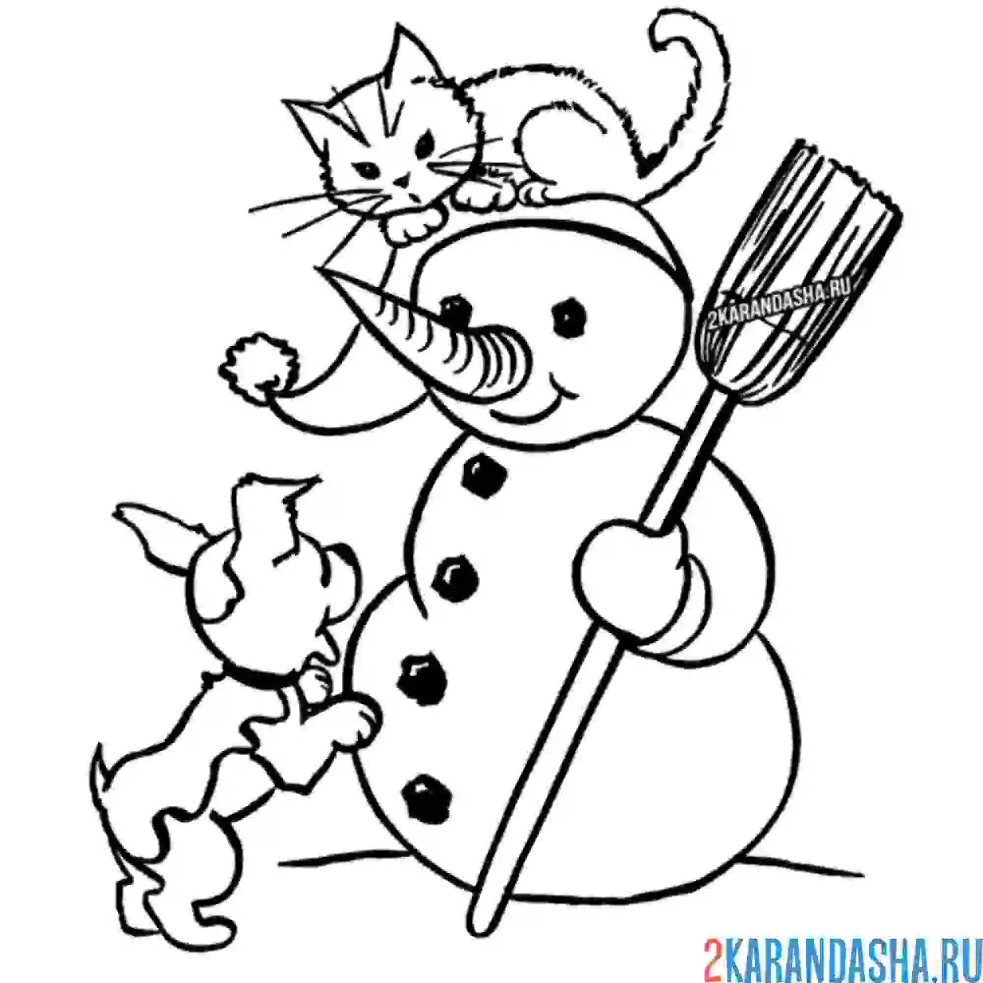 Раскраска снеговик с собакой и кошкой