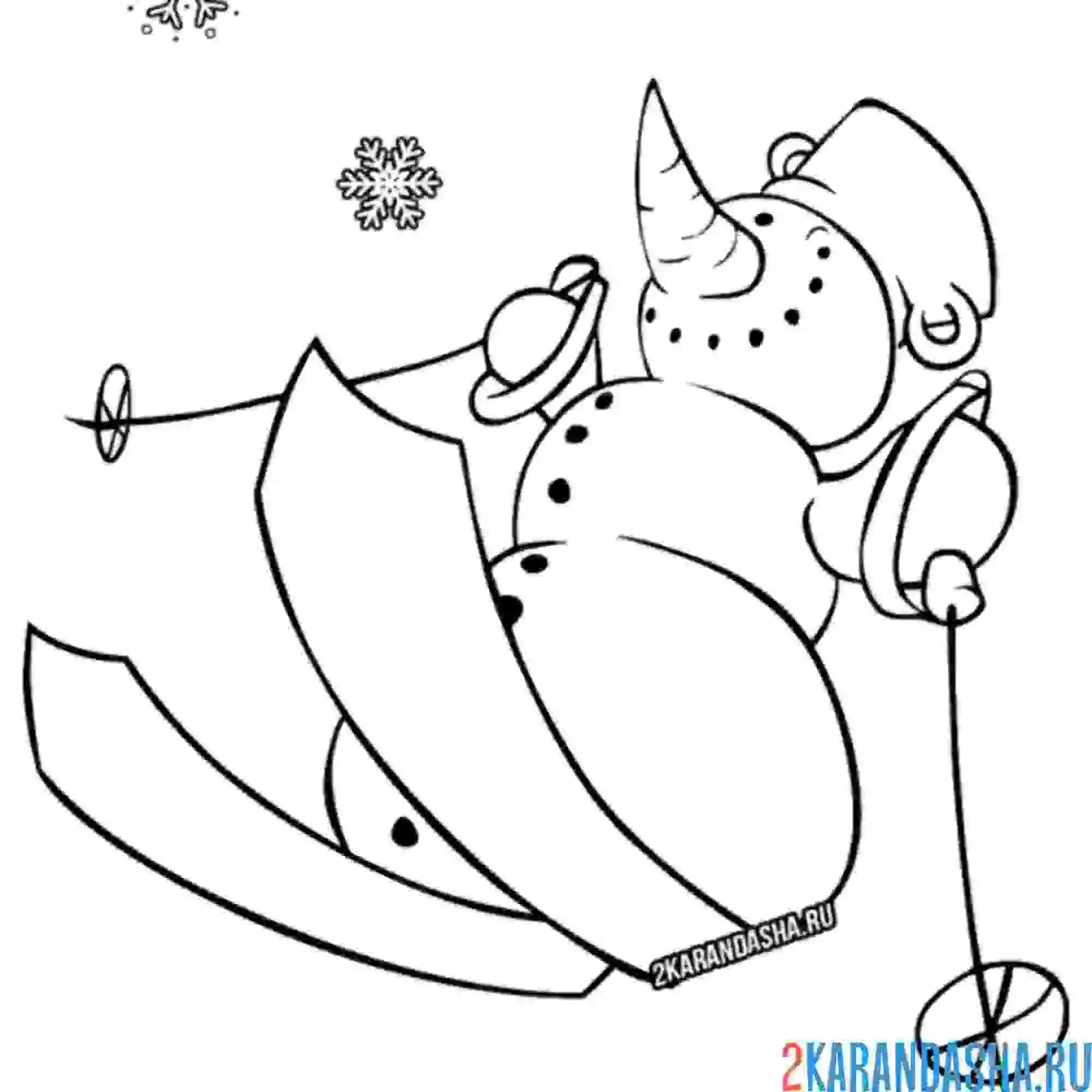 Раскраска снеговик на лыжах катится с горы