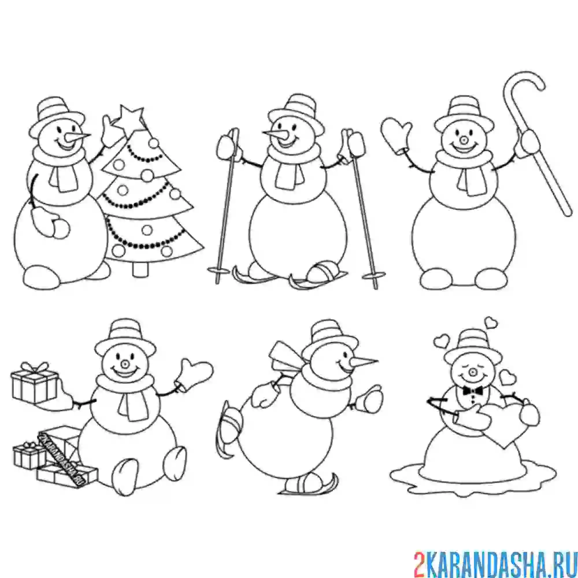Раскраска шесть снеговиков