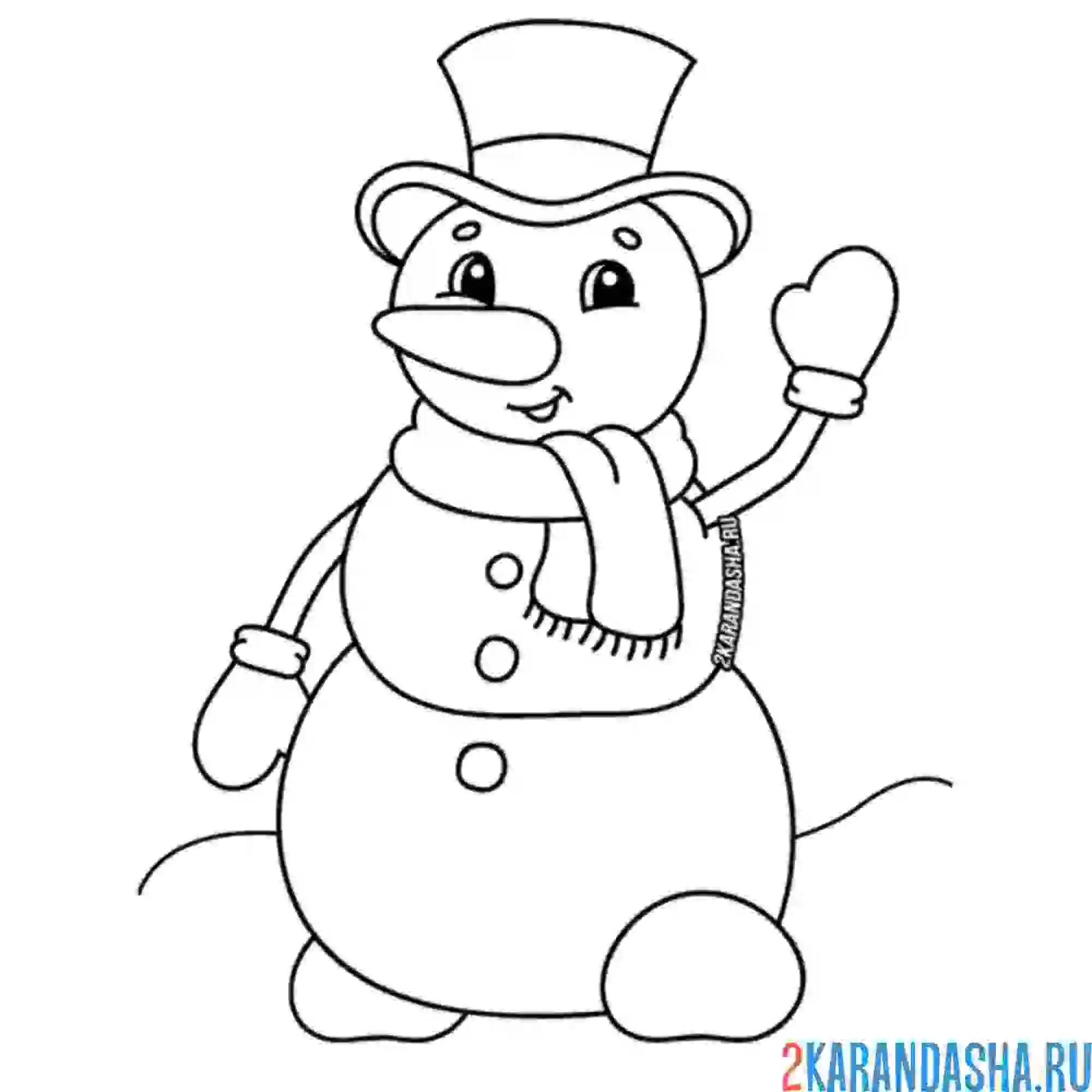 Раскраска снеговик в шляпе и шарфе